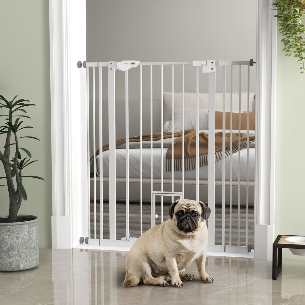 Extra Hög Hundgrind med Kattlucka, Tryckmontering utan borrning, 74-101 cm, Vit