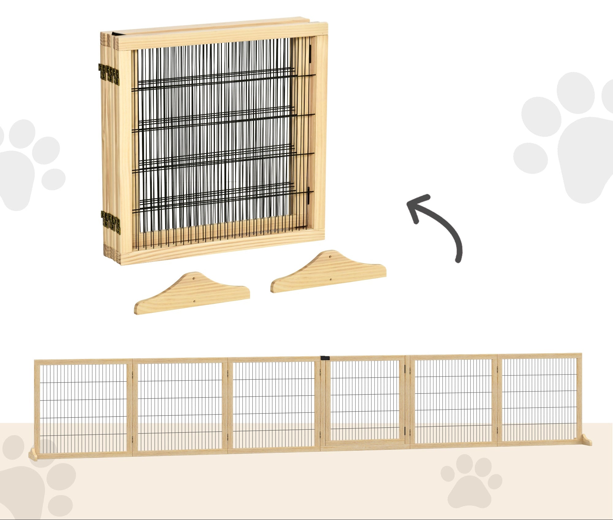 PawHut Justerbart Hundstaket i Massiv Furu – 6 Paneler – Natur – 432 cm