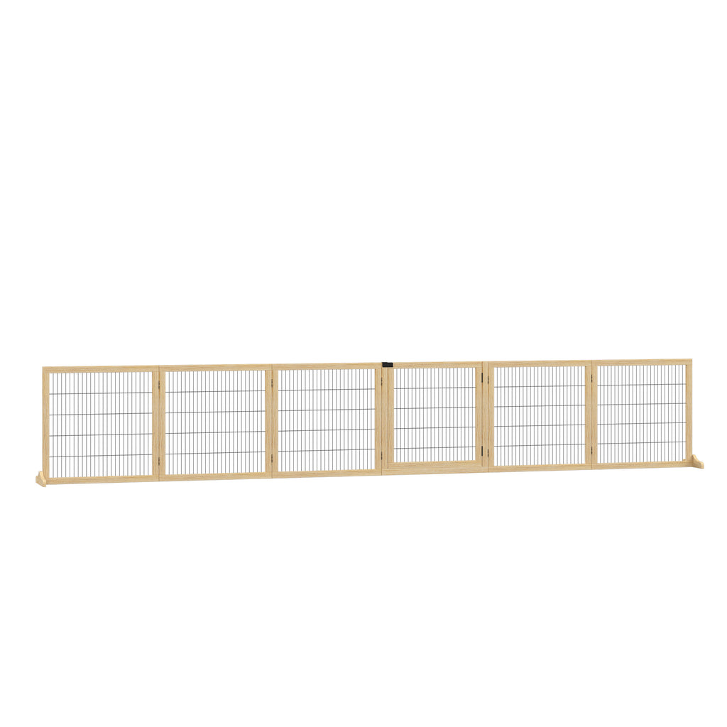 PawHut Justerbart Hundstaket i Massiv Furu – 6 Paneler – Natur – 432 cm