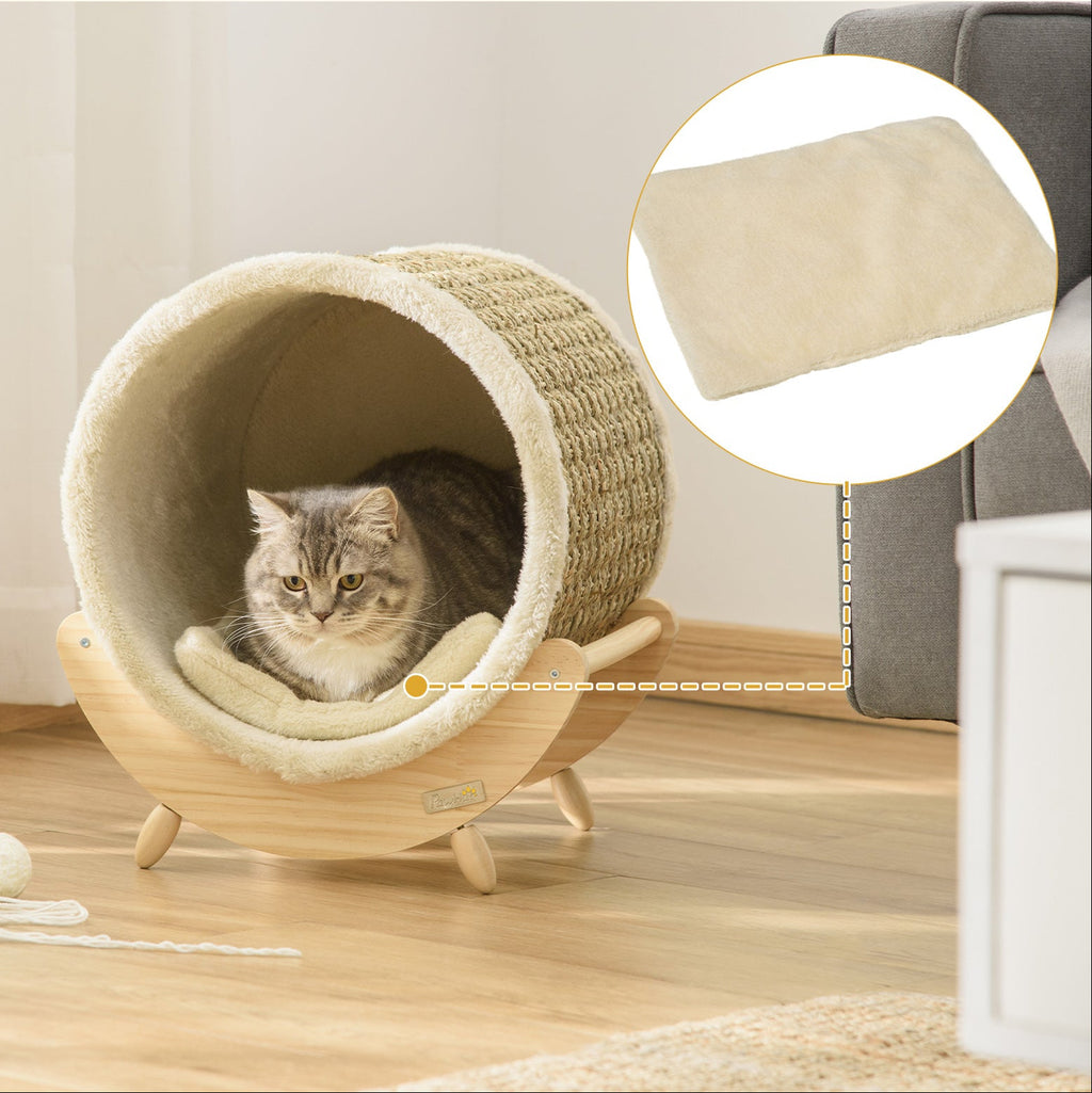 Kattgrotta med klösyta och dyna – Natur/Beige, 43 cm