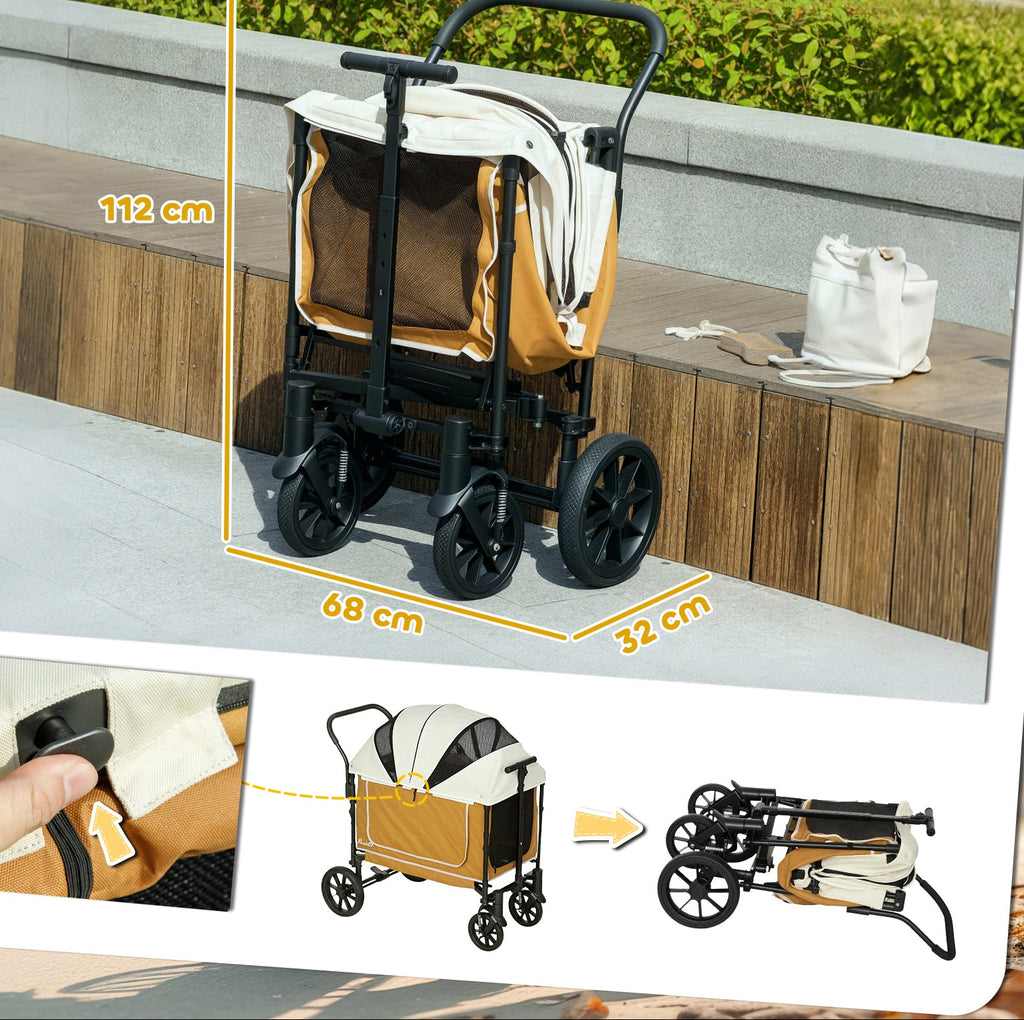 Hopfälld hundvagn och transportkärra som visar enkel förvaring och kompakt design