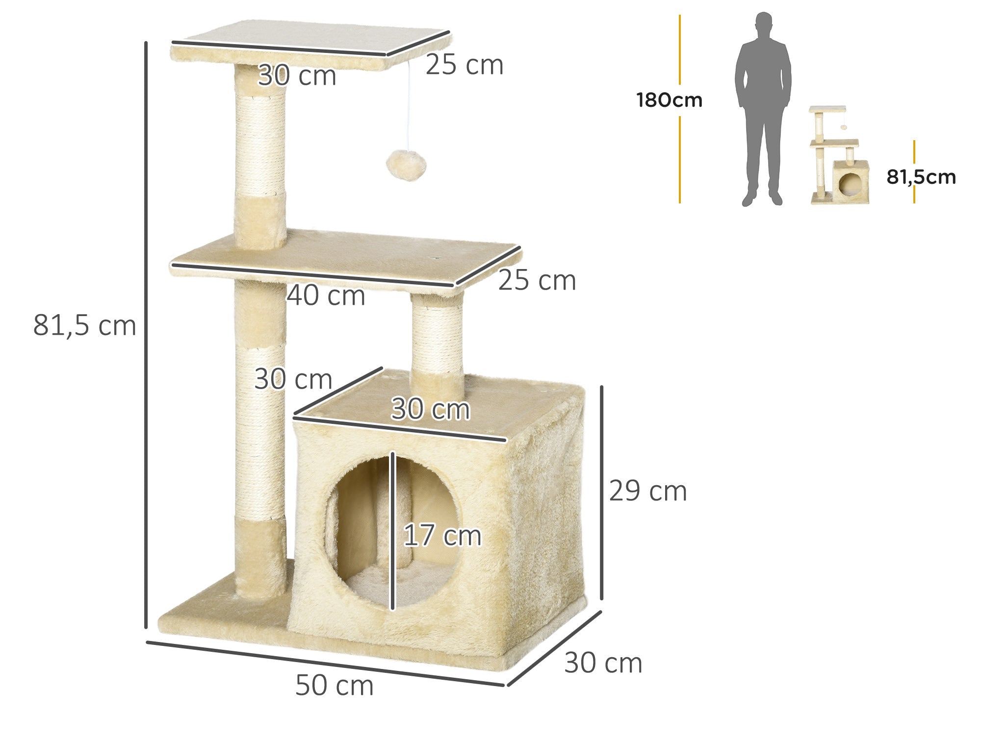 Klösträd 81,5 cm med kattgrotta, plattformar och lekboll – Beige