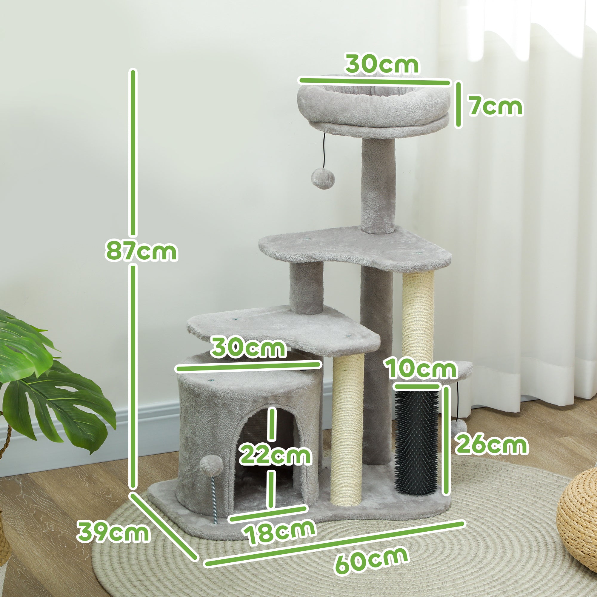 Aktivitetsträd för katt med massageborste och säng – Ljusgrå/Creme, 87 cm