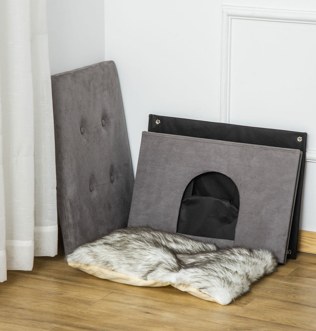 2-i-1 Kattgrotta och fotpall med mjuk dyna – Grå, 60 cm