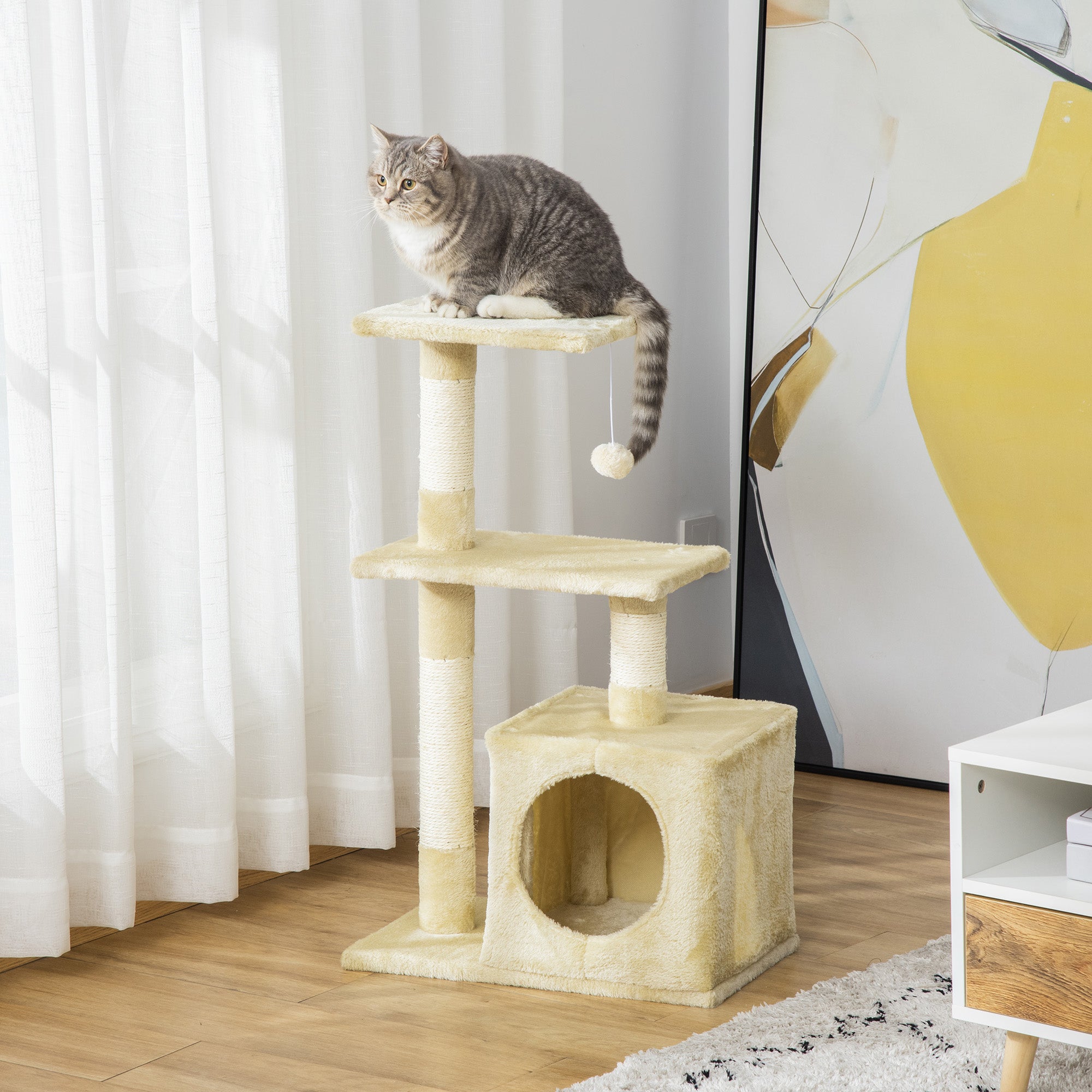 Klösträd 81,5 cm med kattgrotta, plattformar och lekboll – Beige