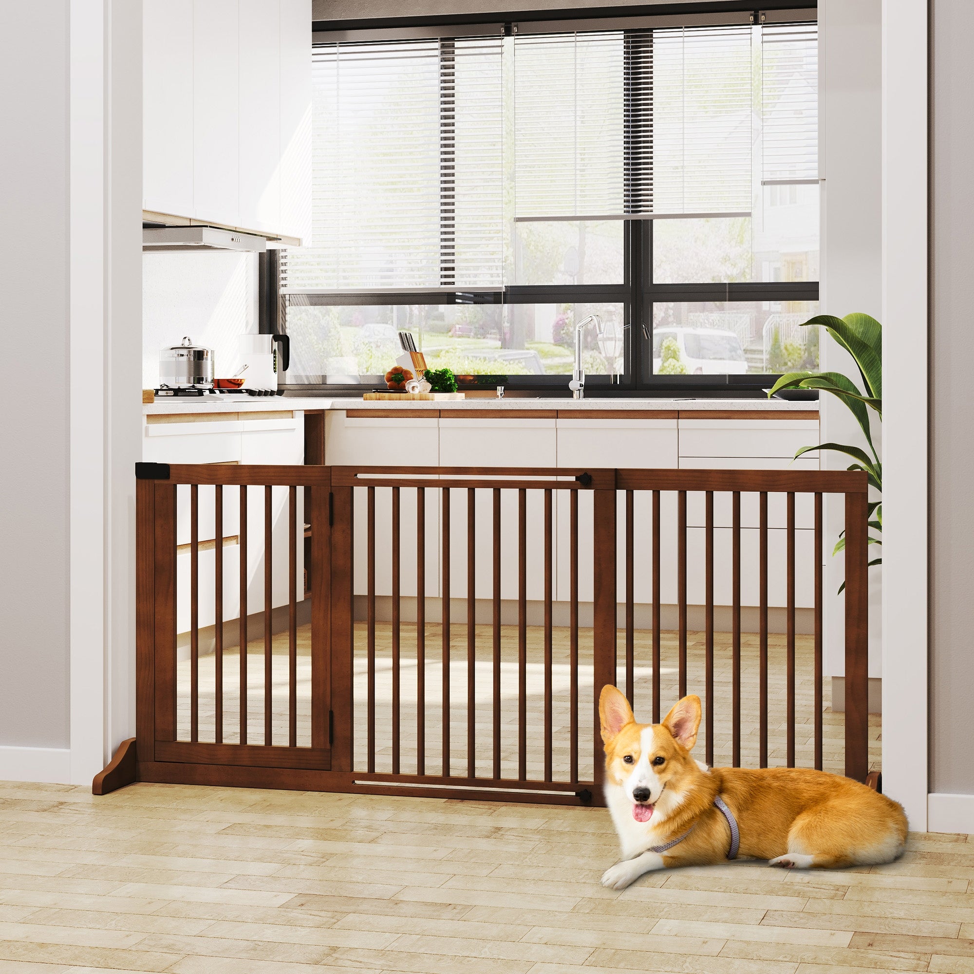PawHut Justerbar Hundgrind i Trä med Dörr – Brun – 113–166 cm