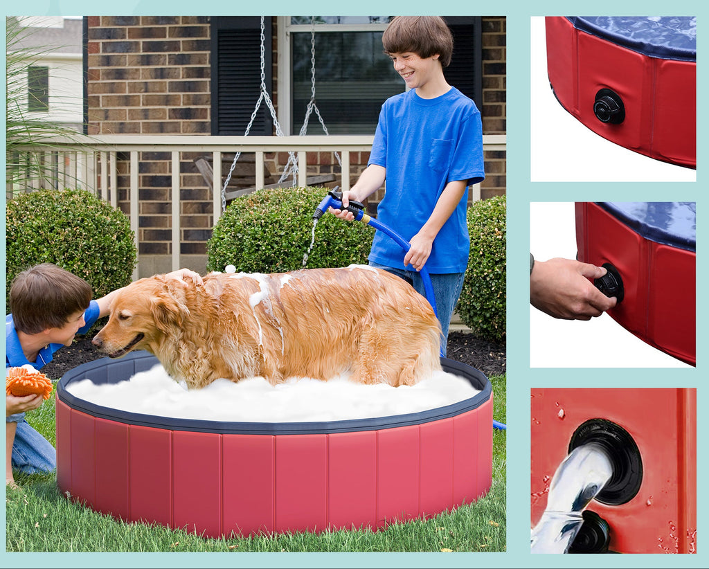 PawHut Hopfällbar Hundpool & Badkar – Röd/Mörkblå – Ø140 x 30 cm