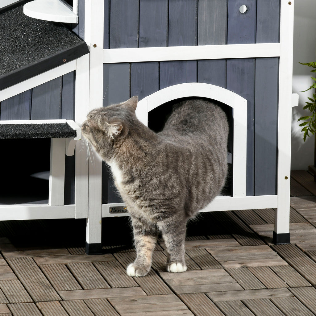Tvåvånings utomhushus för katt med blomlåda – Grå, 96 cm
