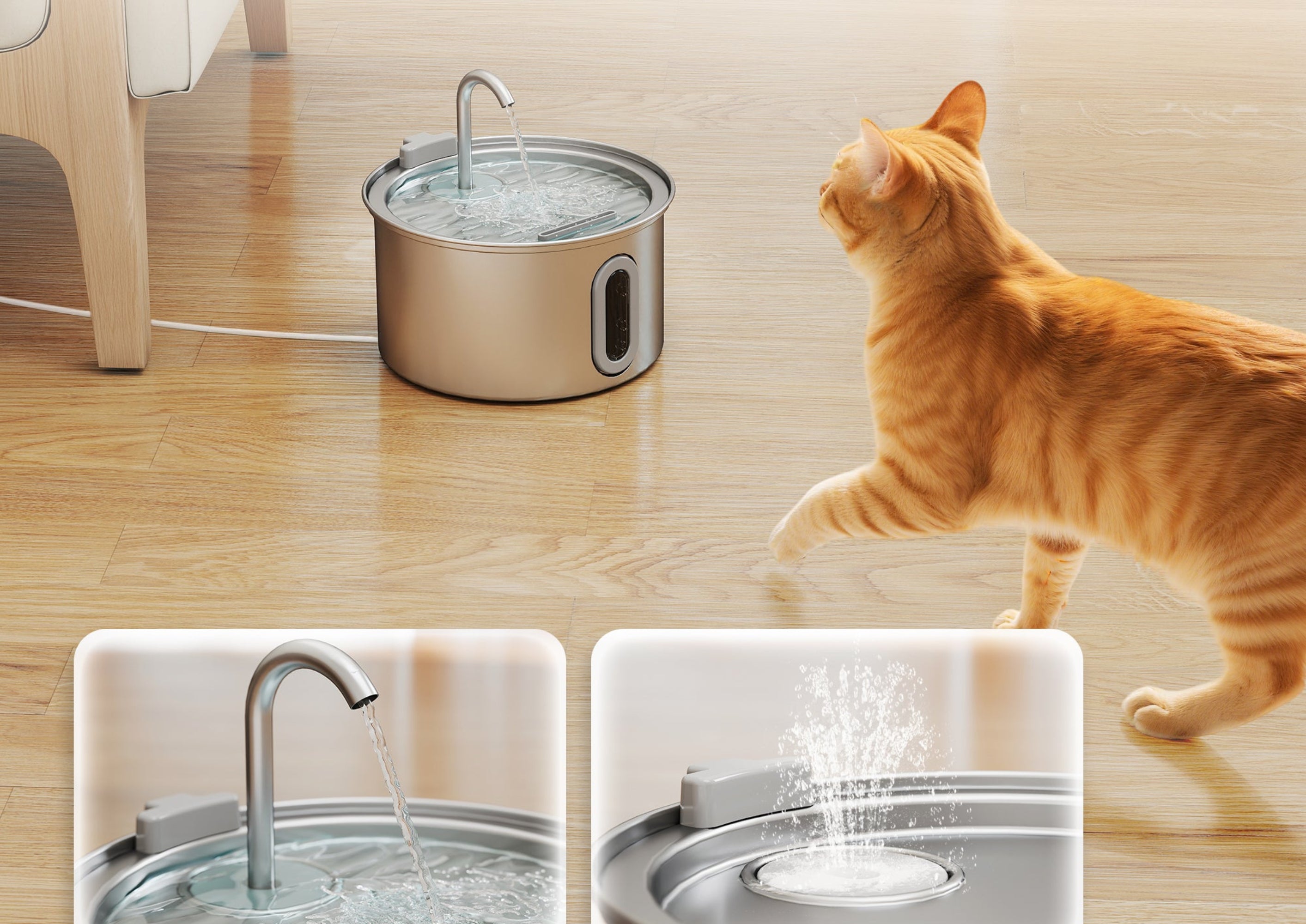 Vattenfontän för katter i rostfritt stål med LED-indikator, 2,5 L – Silver