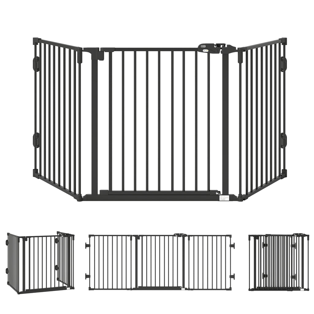 PawHut Fristående Justerbar Hundgrind med Dörr – Svart – 202 cm