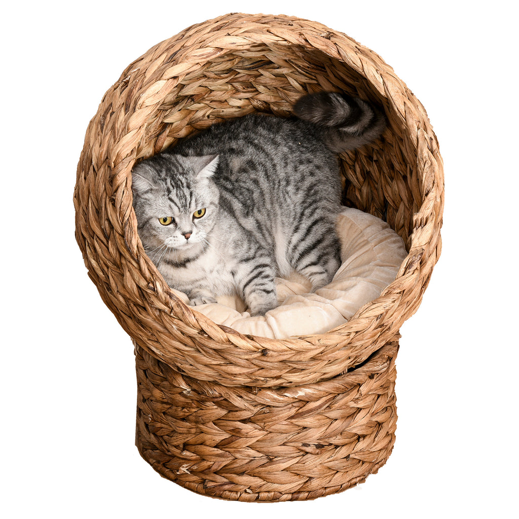 Kattgrotta i vattenhyacint med mjuk dyna – Brun, 60 cm