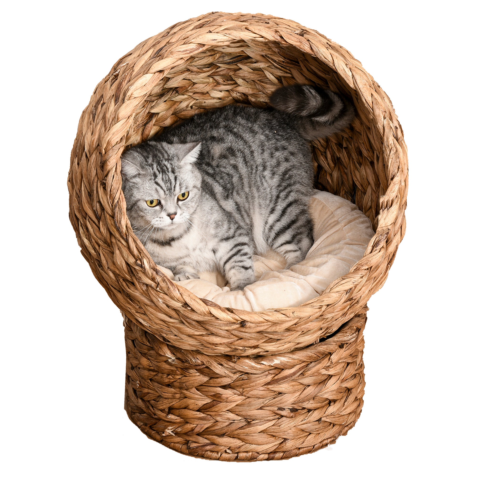 Kattgrotta i vattenhyacint med mjuk dyna – Brun, 60 cm