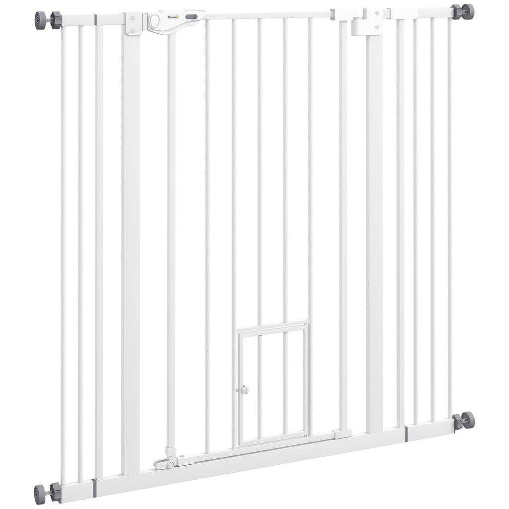 Extra Hög Hundgrind med Kattlucka, Tryckmontering utan borrning, 74-101 cm, Vit