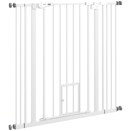 Extra Hög Hundgrind med Kattlucka, Tryckmontering utan borrning, 74-101 cm, Vit