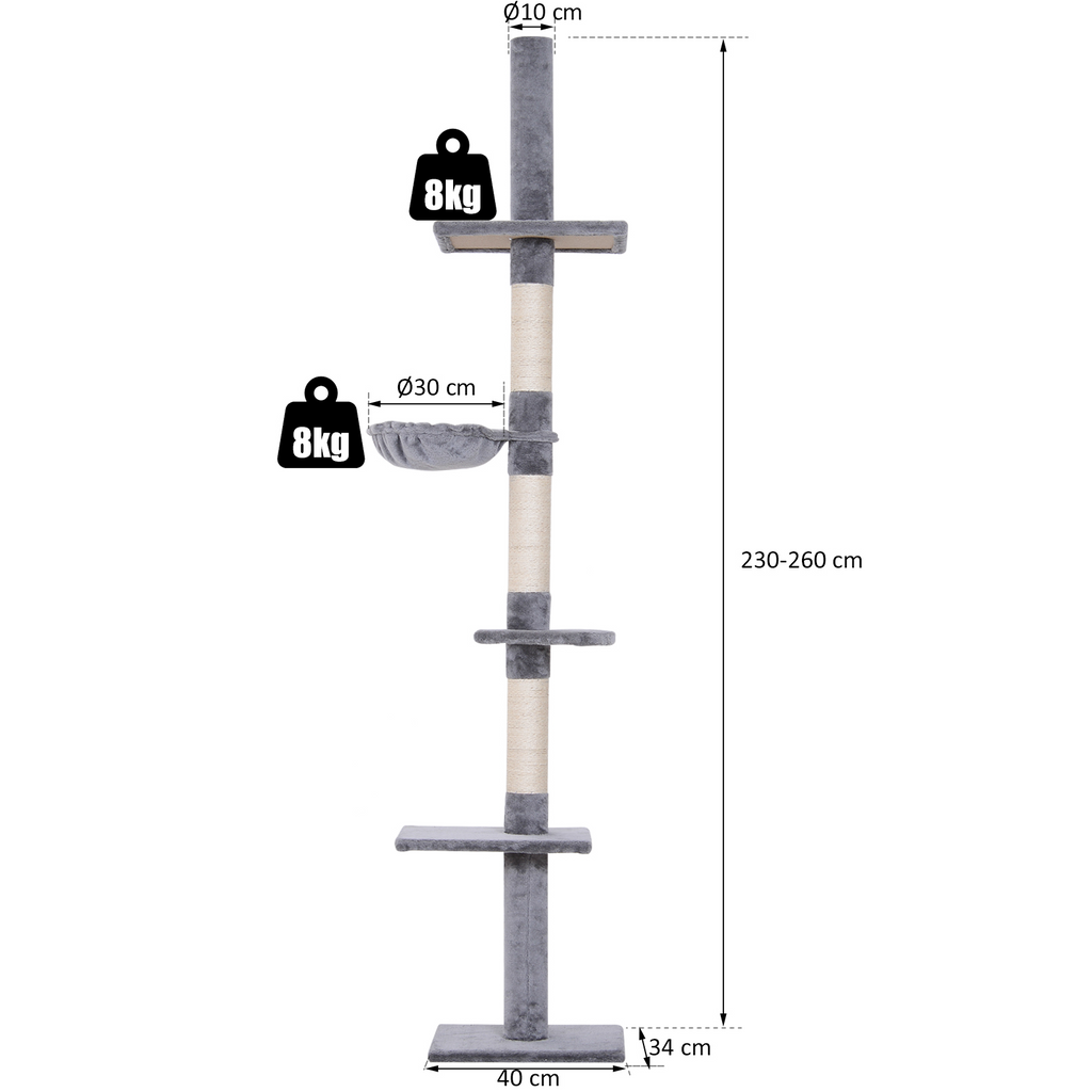 Takhögt klösträd med justerbar höjd och sisalstolpar – Grå, 230–260 cm