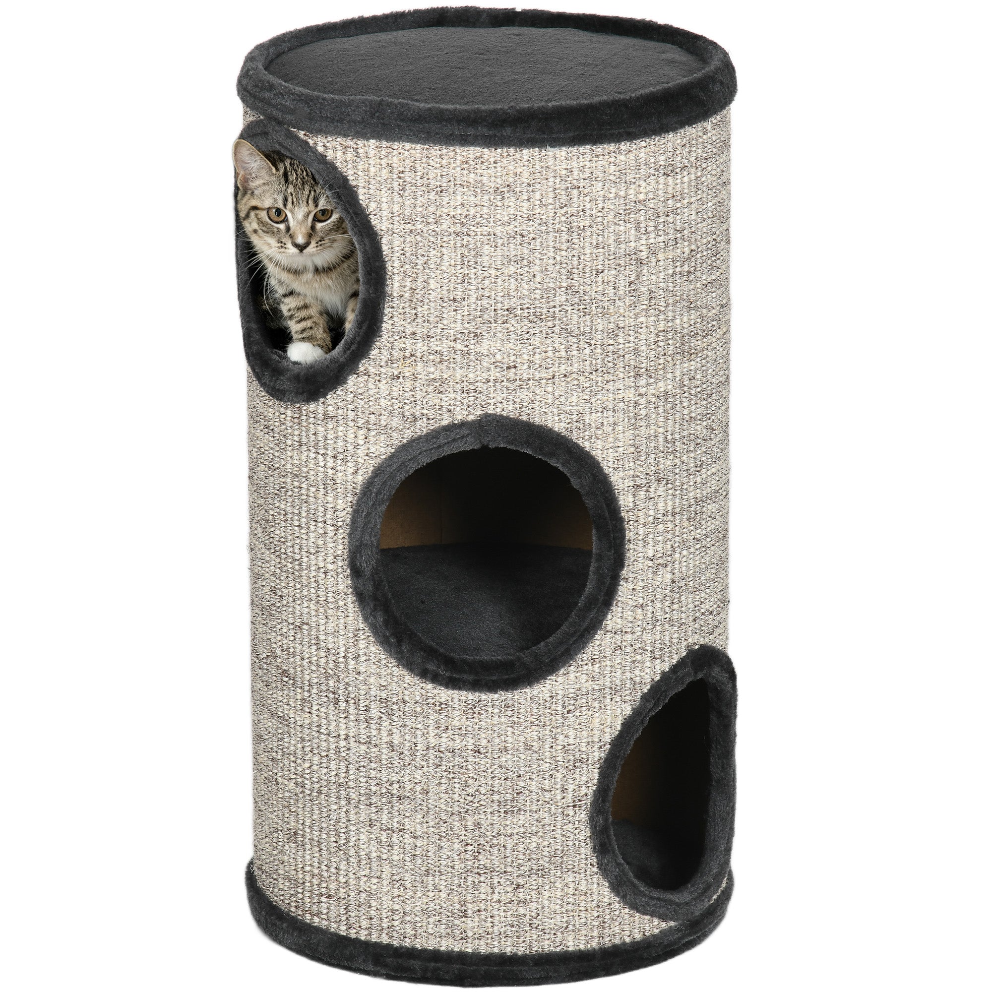 En katt som vilar tryggt inuti en av de tre mysiga grottorna i den mörkgrå klöstunnan.