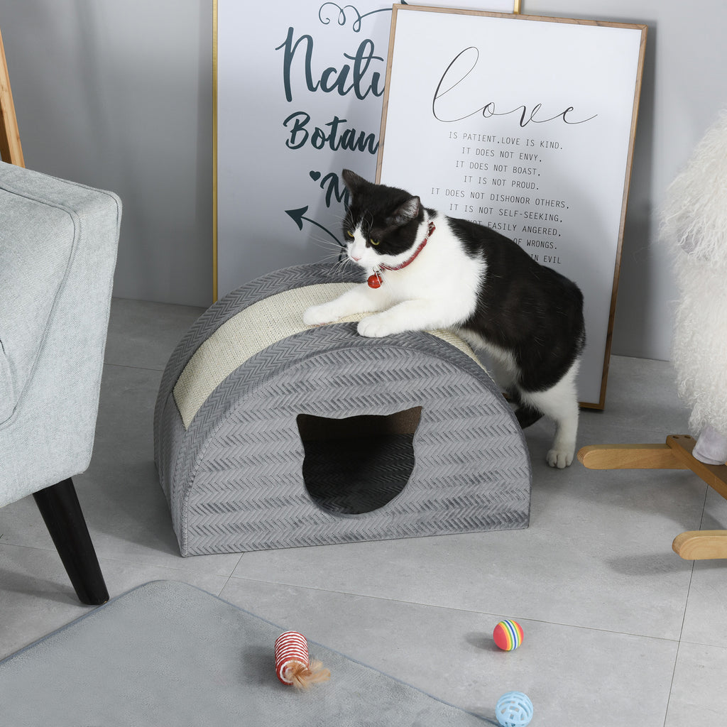 Modern grå kattgrotta med en mjuk plyschyta och ett charmigt kattformat ingångshål.