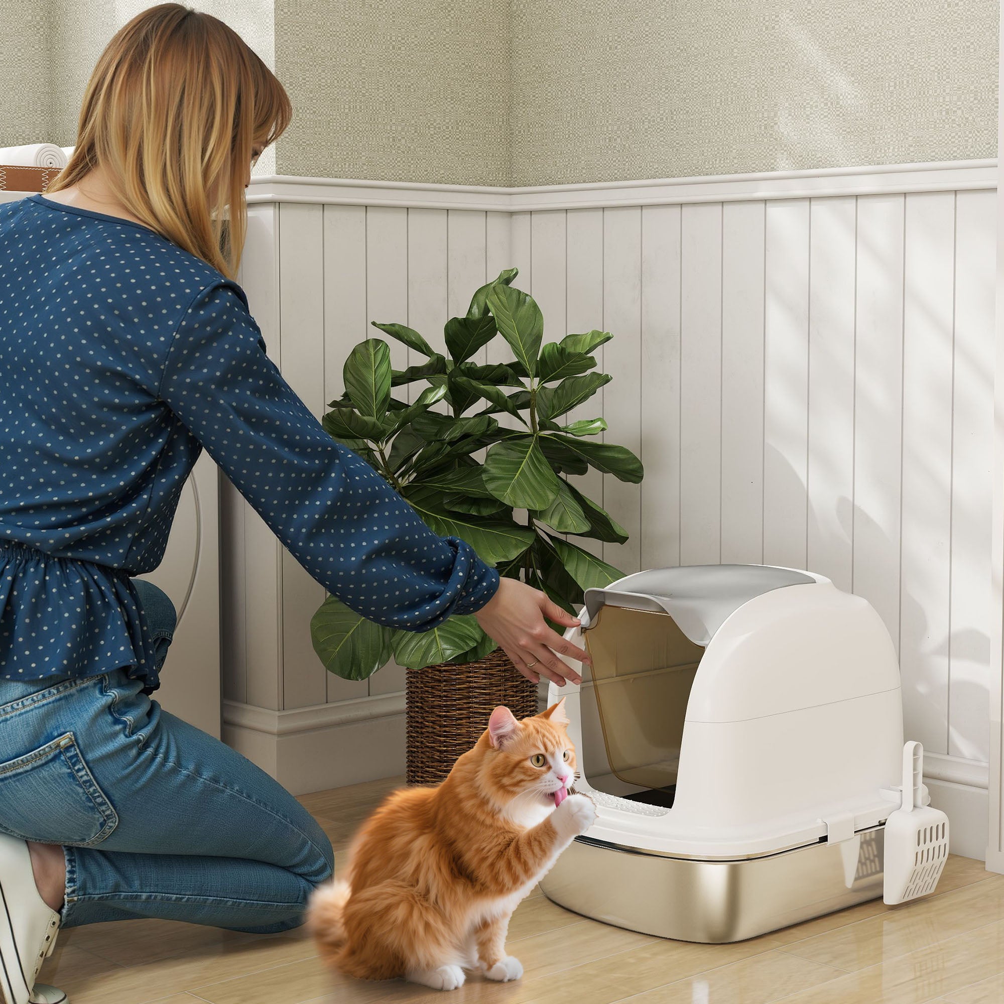 En vit övertäckt kattlåda med rostfri stålbotten och en tillhörande spade, visad i en hemmiljö med en kvinna och en katt.