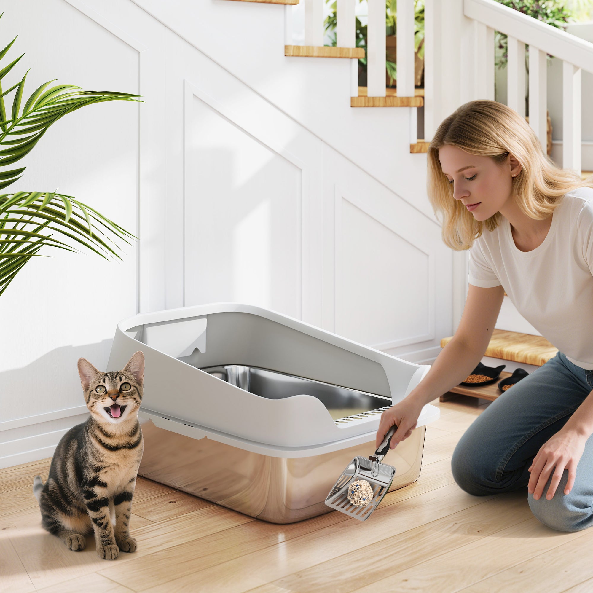 En stor kattlåda i rostfritt stål med höga grå stänkskydd i plast, placerad på ett ljust golv med en kvinna som rengör den.