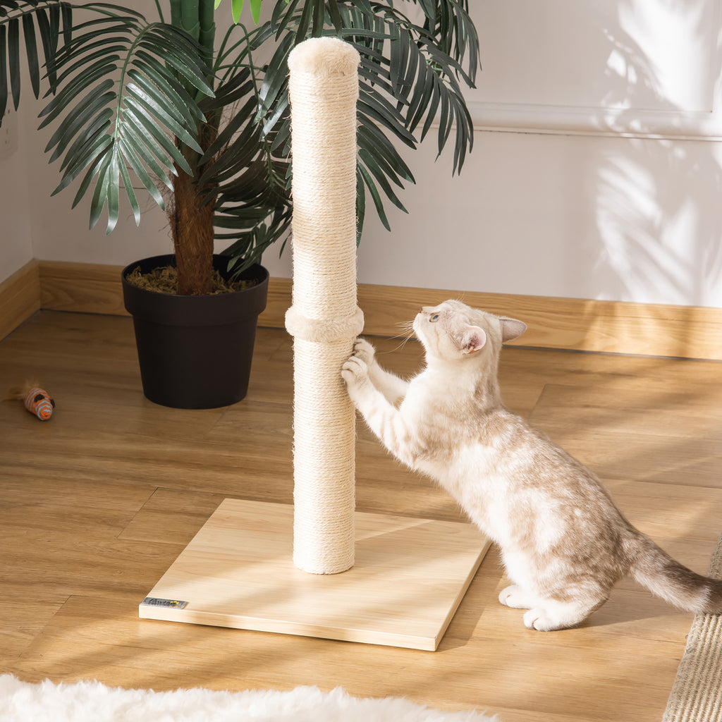En stabil klospelare (60 cm) i beige och ek-imitation med en vit katt som klöser på det naturliga sisalrepet.