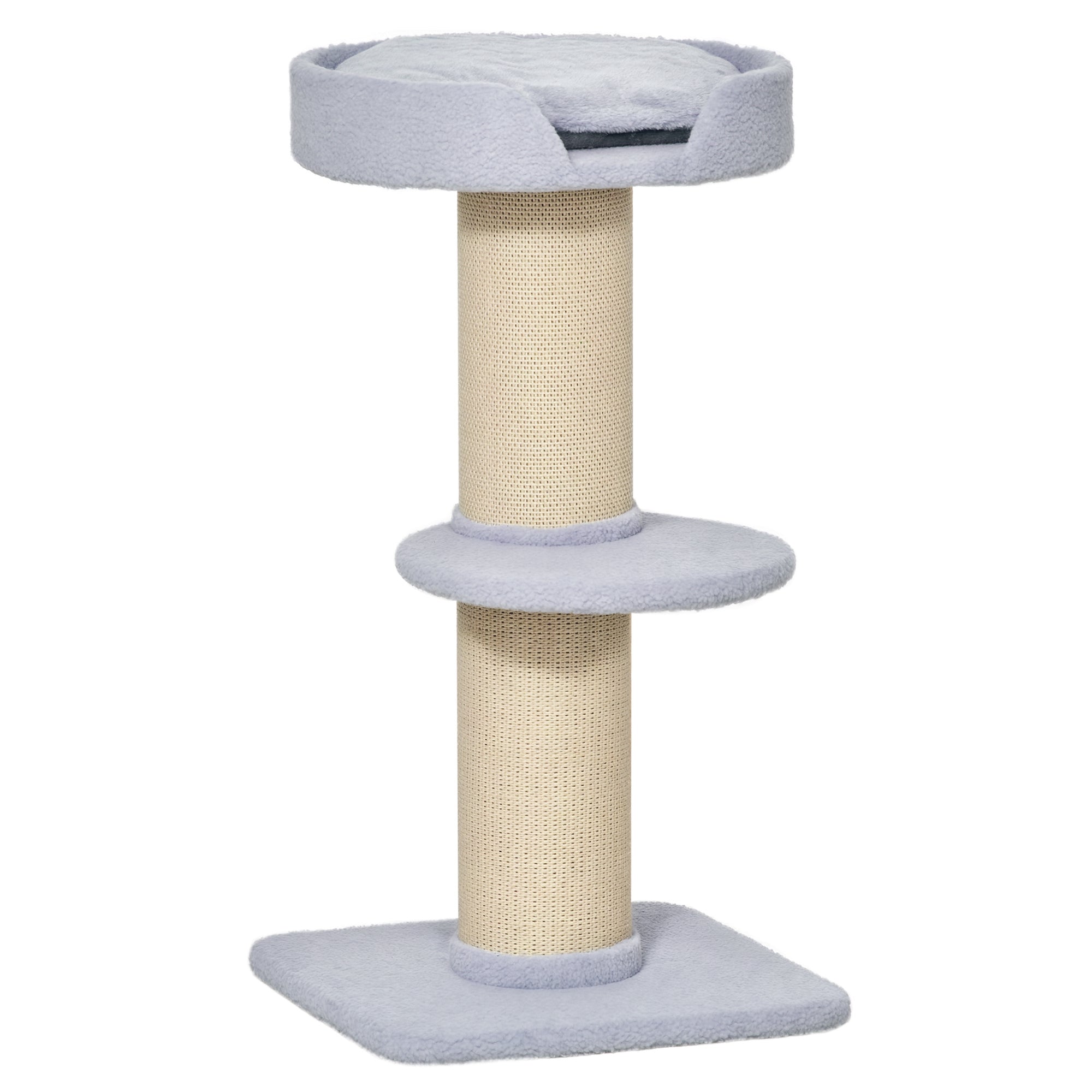 Närbild på klösträdets mjuka säng i lammullsimitation med upphöjda kanter för extra komfort och trygghet.