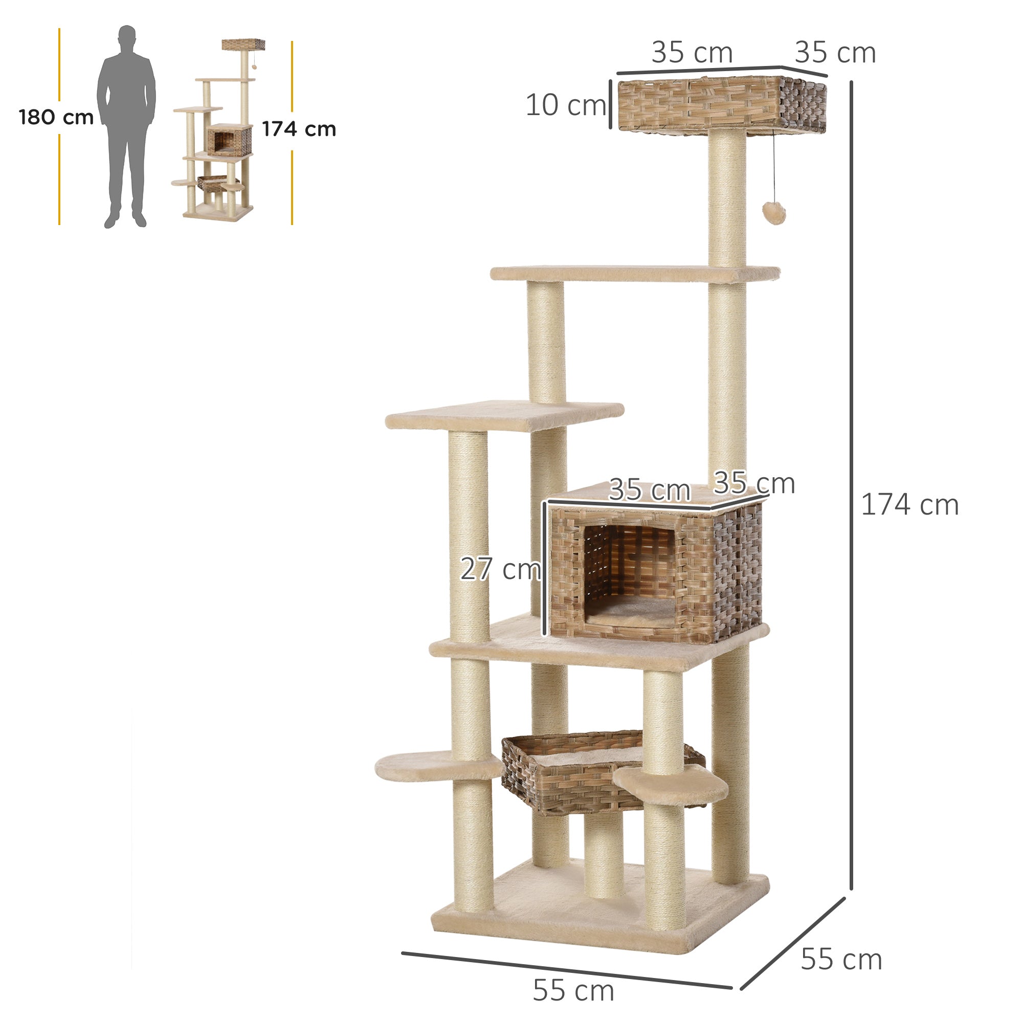 Detaljerad måttskiss av det 174 cm höga klösträdet i rotting och plysch.
