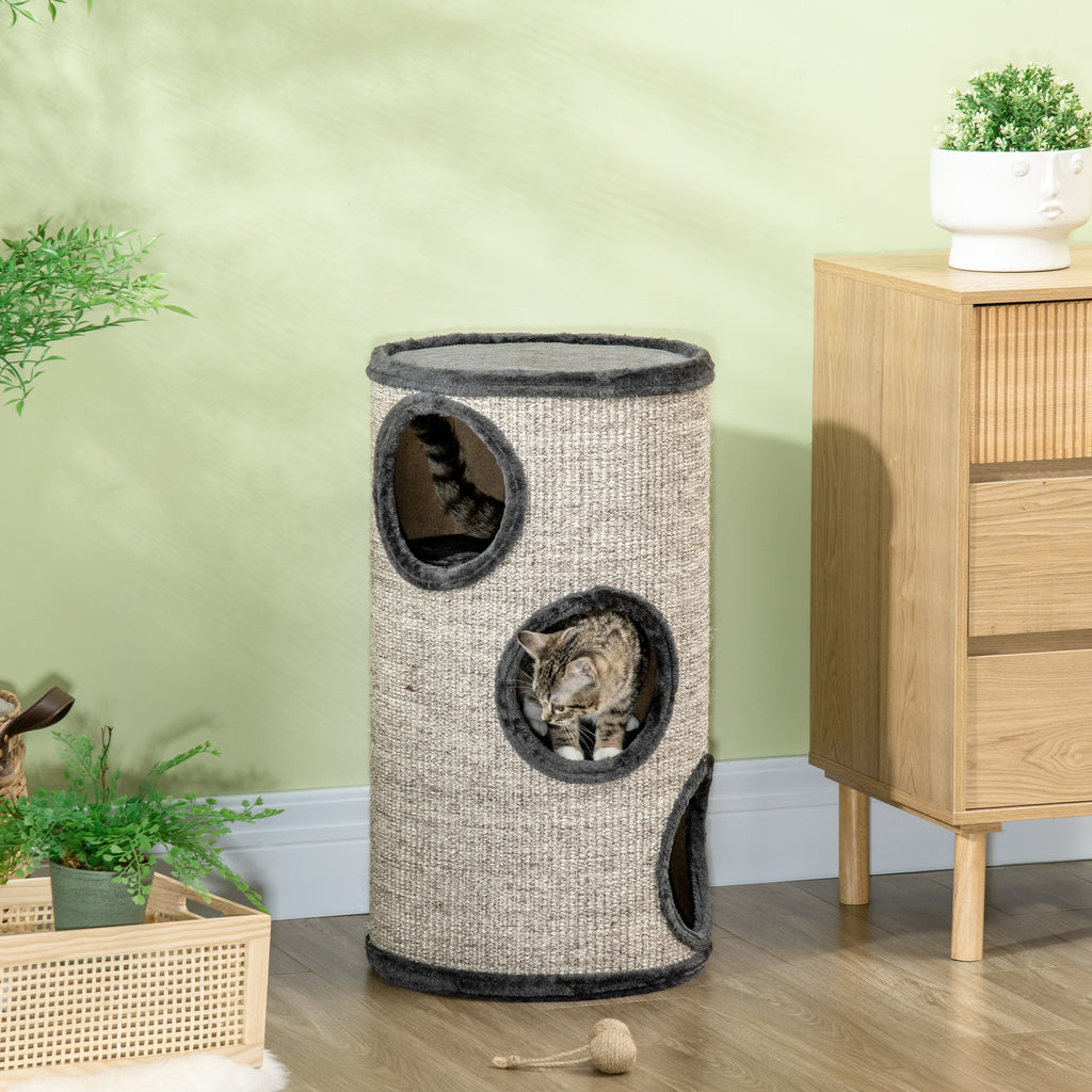En elegant mörkgrå klöstunna i tre nivåer med mjuk plysch och en stor, slitstark klösyta i sisal för katter.