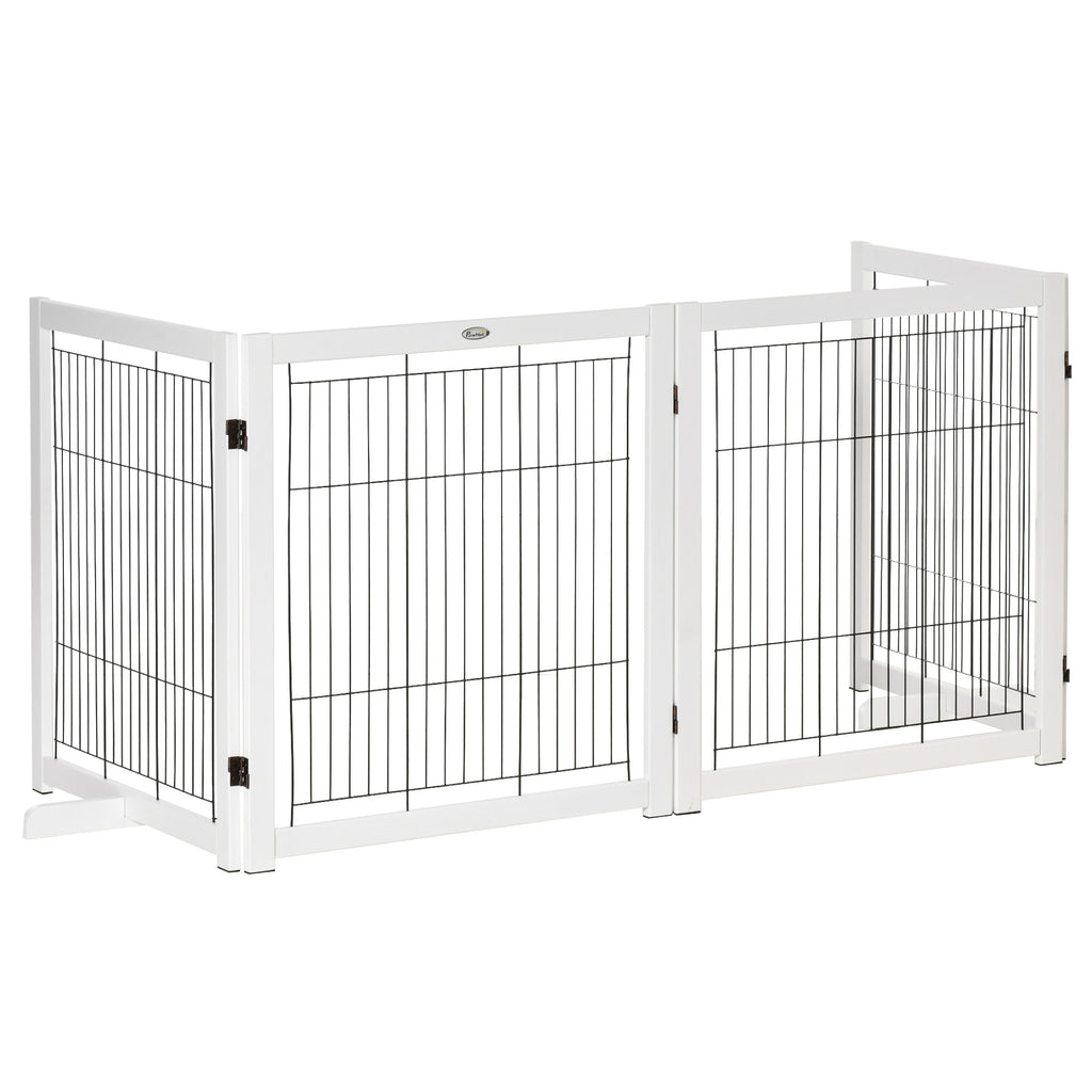 PawHut Fristående Säkerhetsgrind i Trä – 4 Paneler – Vit – 305 x 82 cm