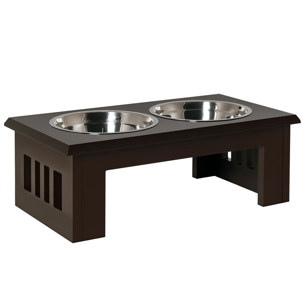 PawHut Upphöjd Matbar med 2 Rostfria Skålar – Espresso – 58 cm
