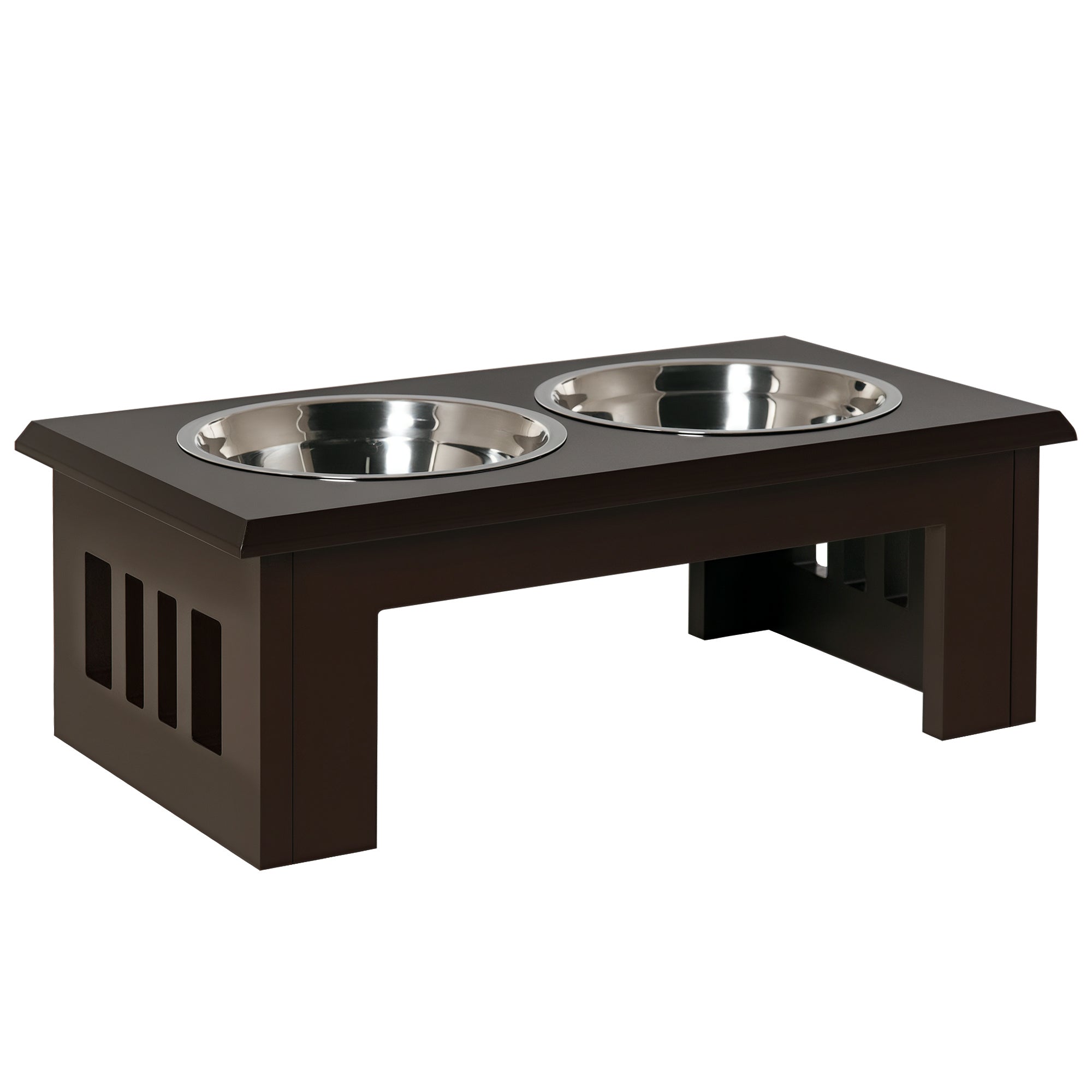 PawHut Upphöjd Matbar med 2 Rostfria Skålar – Espresso – 58 cm
