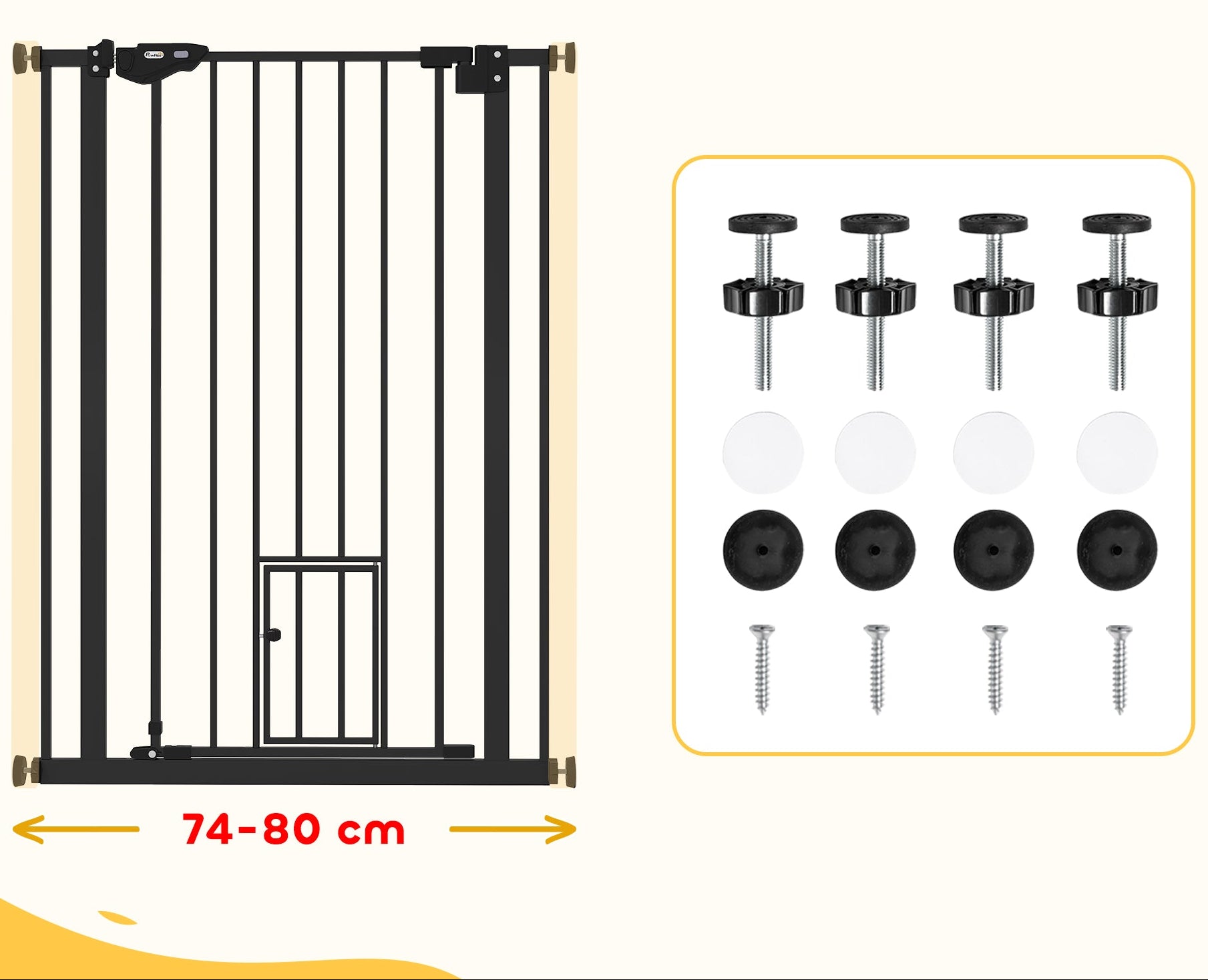 PawHut Extra Hög Säkerhetsgrind med Kattlucka – Svart – 74–80 cm