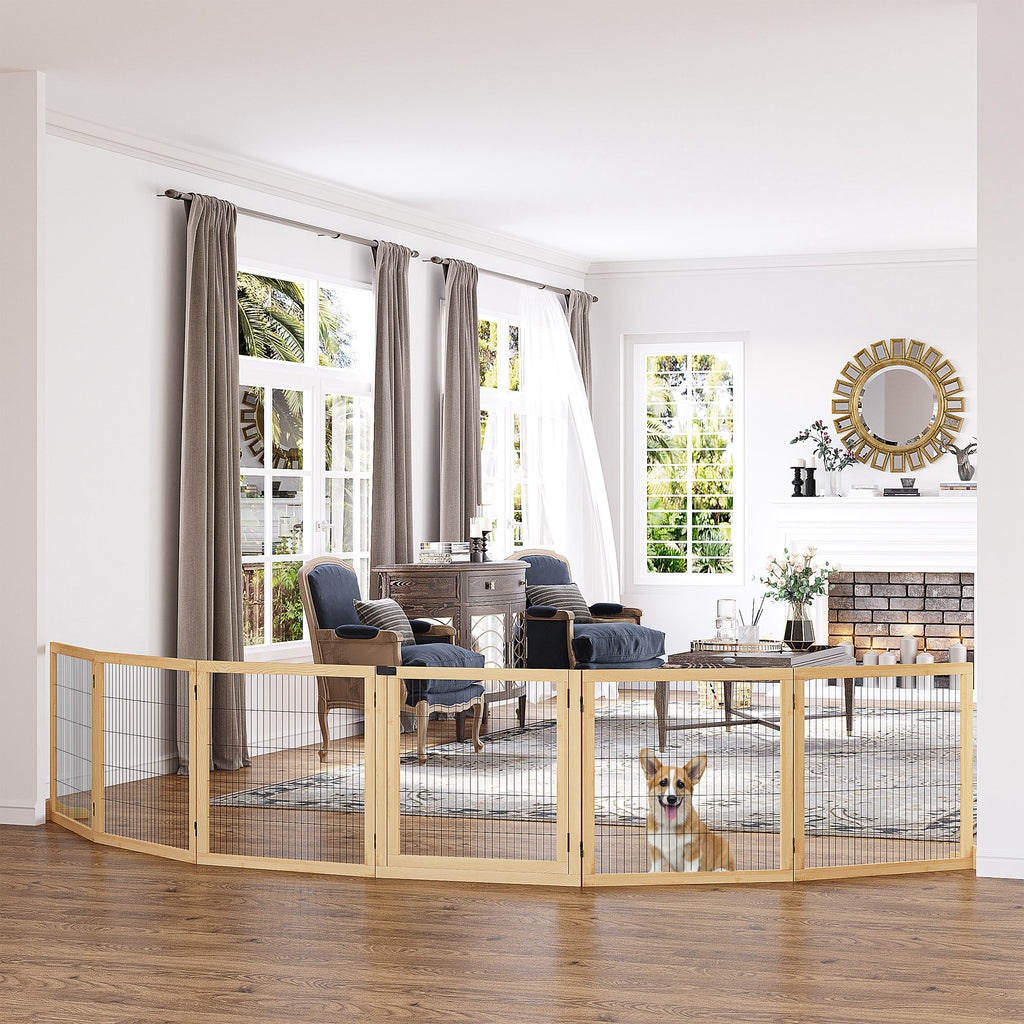 PawHut Justerbart Hundstaket i Massiv Furu – 6 Paneler – Natur – 432 cm