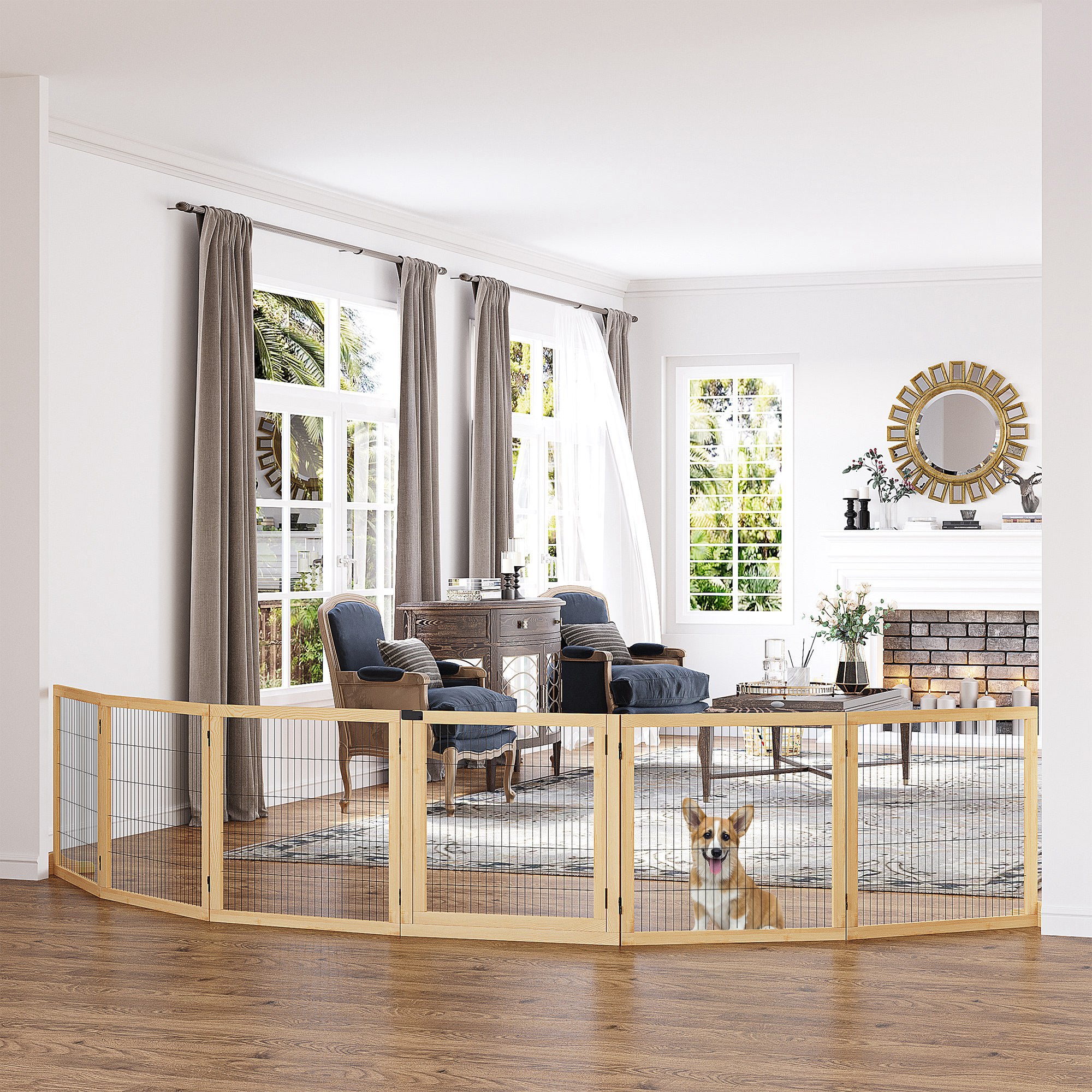 PawHut Justerbart Hundstaket i Massiv Furu – 6 Paneler – Natur – 432 cm