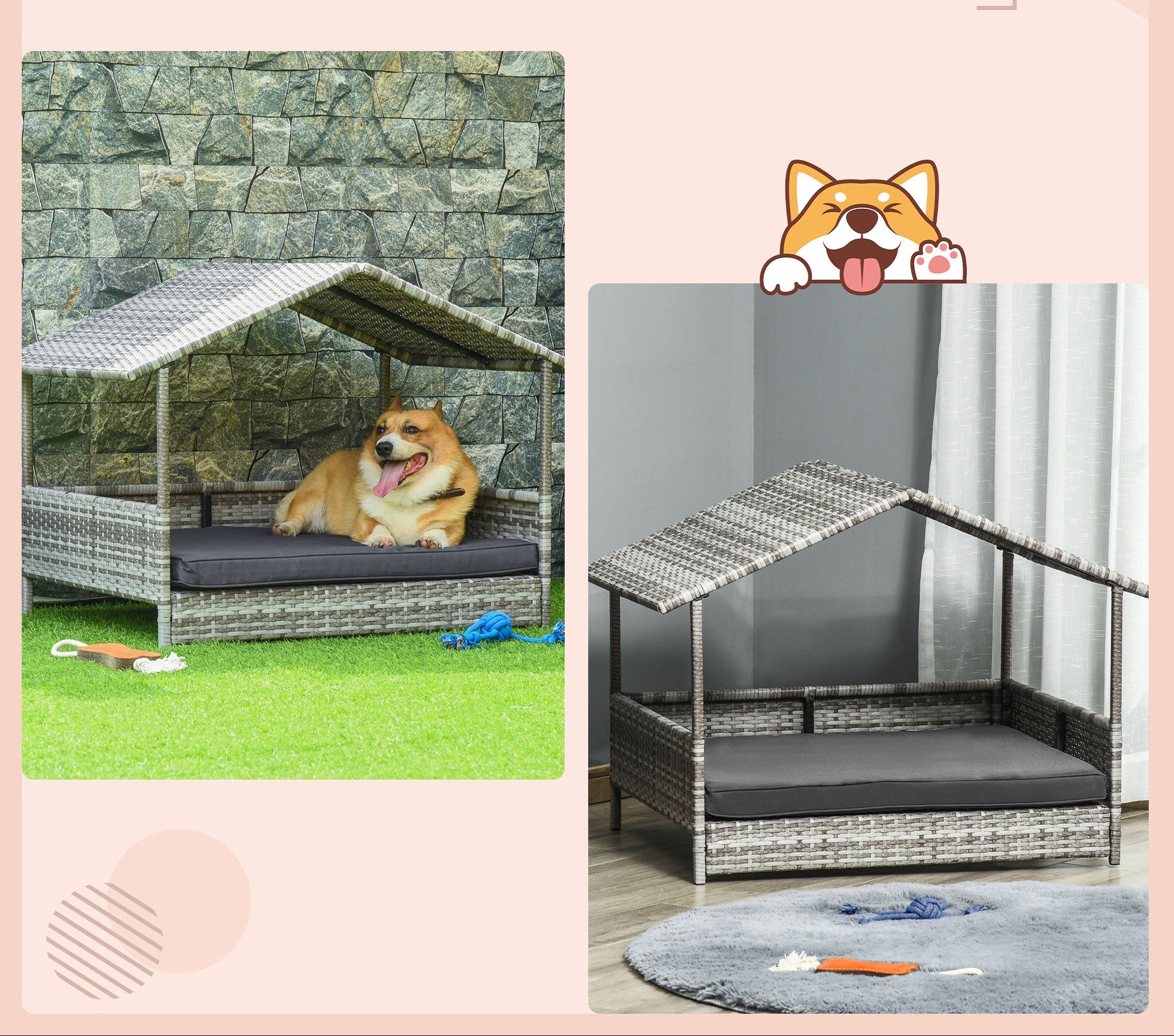 PawHut Lyxig Hundkoja i Konstrotting med Dyna – Grå – 69 x 98 x 70 cm