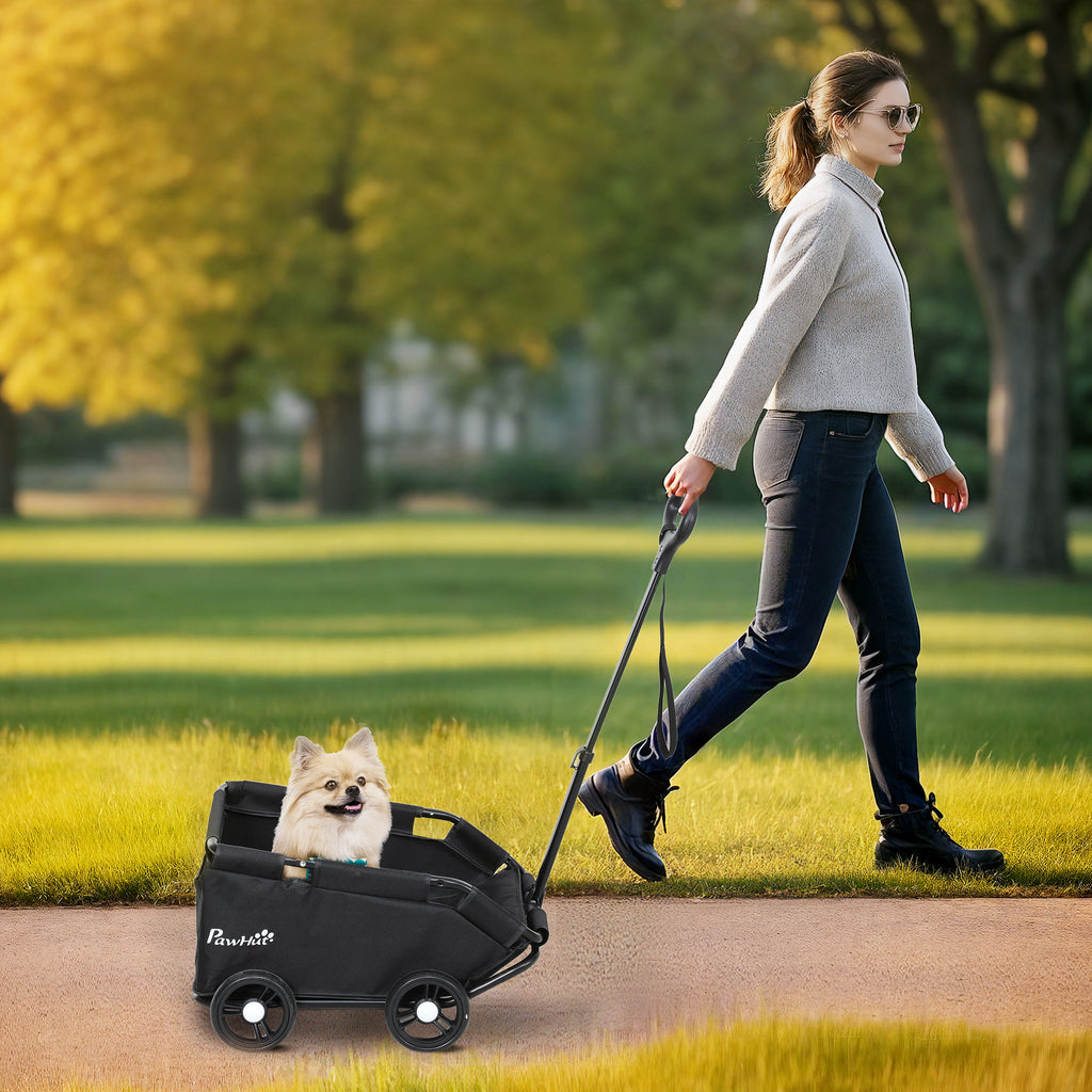 Smidig och lätt svart hundvagn för dvärghundar och katter som dras på en trottoar