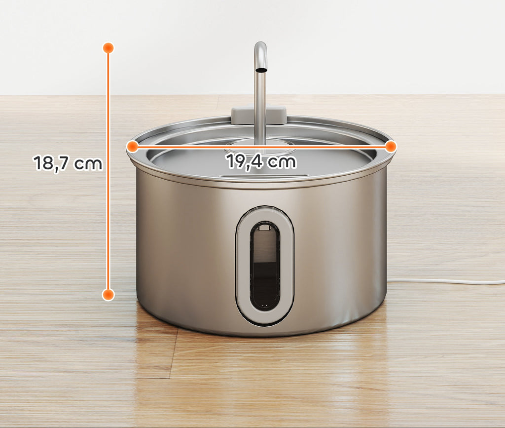 Vattenfontän för katter i rostfritt stål med LED-indikator, 2,5 L – Silver
