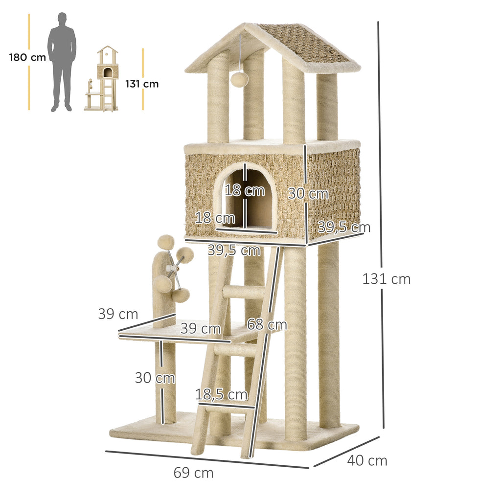 Klösträd 131 cm med kattgrotta, stege och leksaker – Khaki/Beige/Kaffe