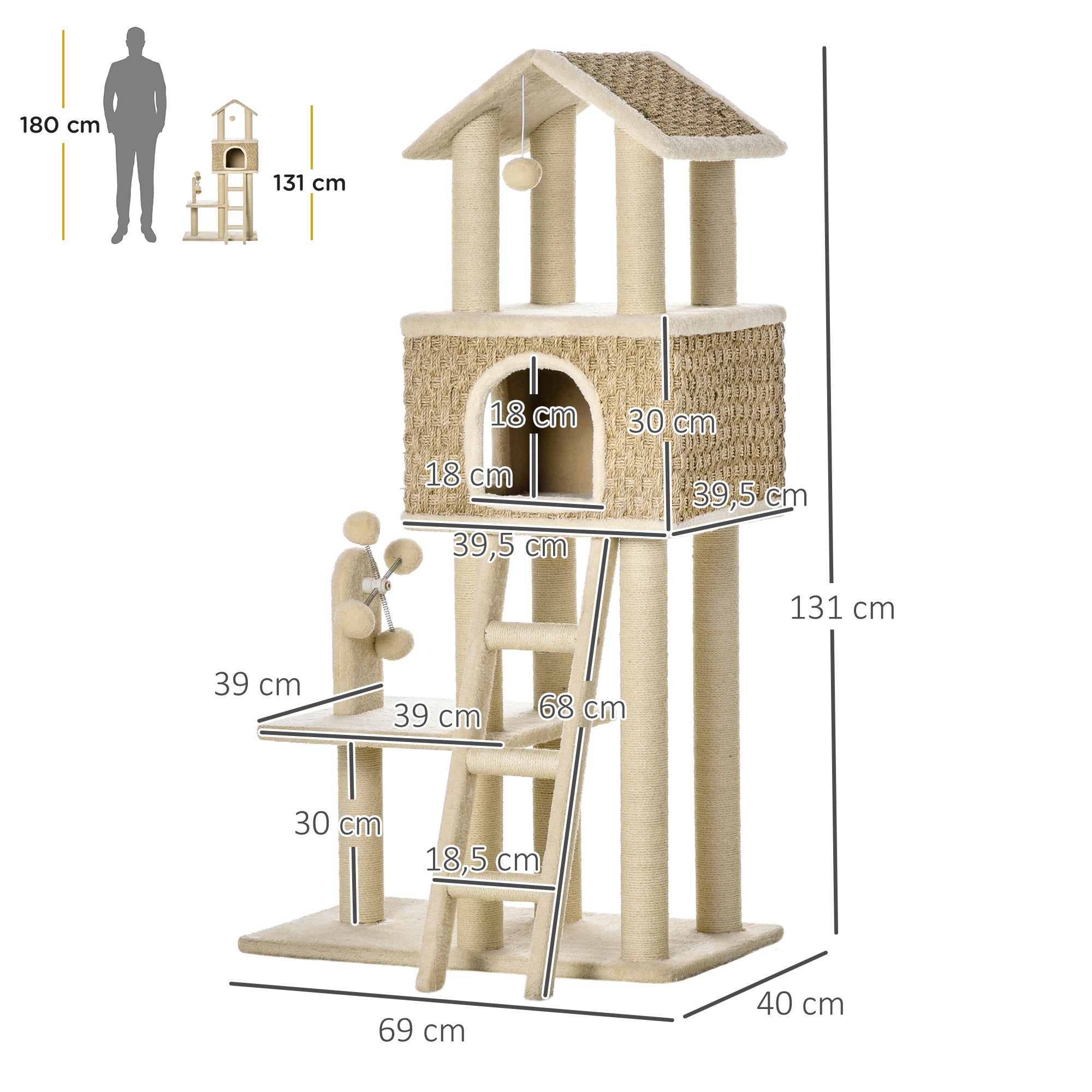 Klösträd 131 cm med kattgrotta, stege och leksaker – Khaki/Beige/Kaffe