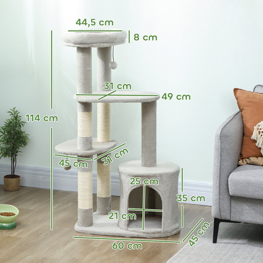 Klösträd med koja och utsiktsplatser, 114 cm högt – Ljusgrå