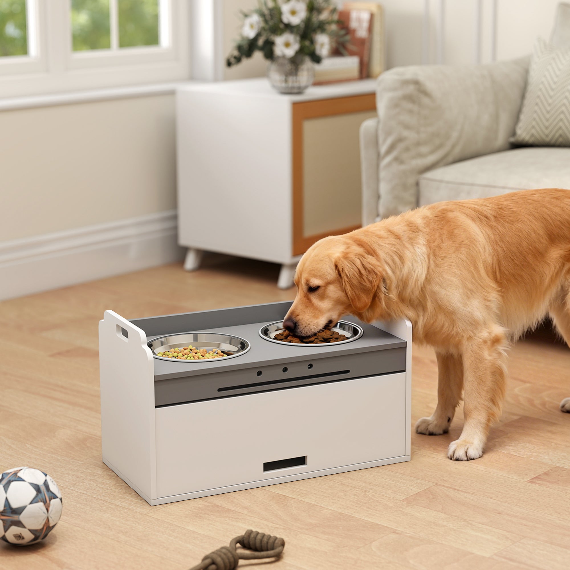 Elegant ergonomisk matbar för stora hundar med slow feeder och förvaringsskåp