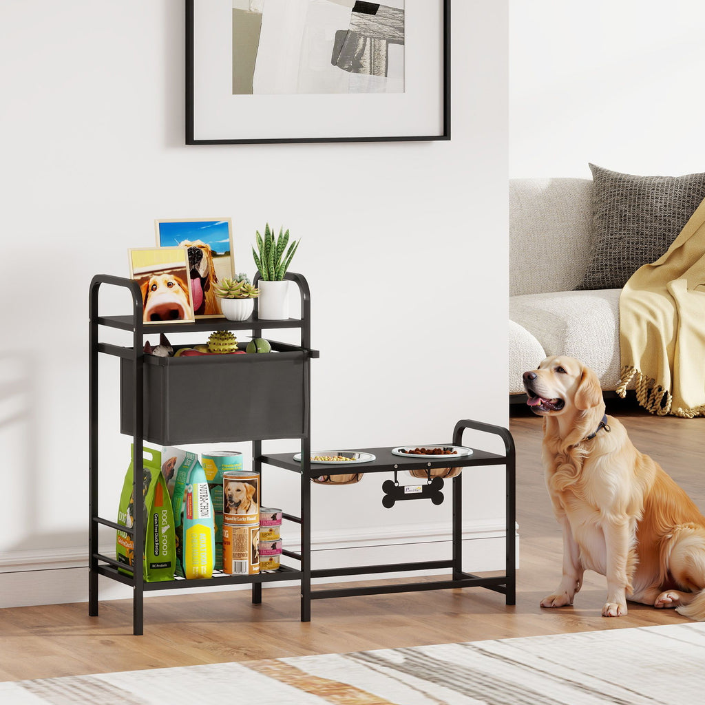 Snygg matbar för hund i svart stål med två rostfria skålar och förvaring