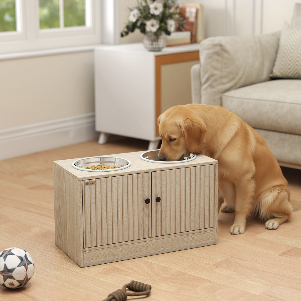 Matbar för stor hund i ekmönster med förvaring – Ergonomisk foderstation med två rostfria skålar.