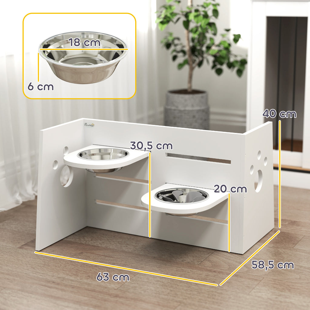 Illustration av matskålsställets tre olika höjdlägen: 10 cm, 20 cm och 30,5 cm