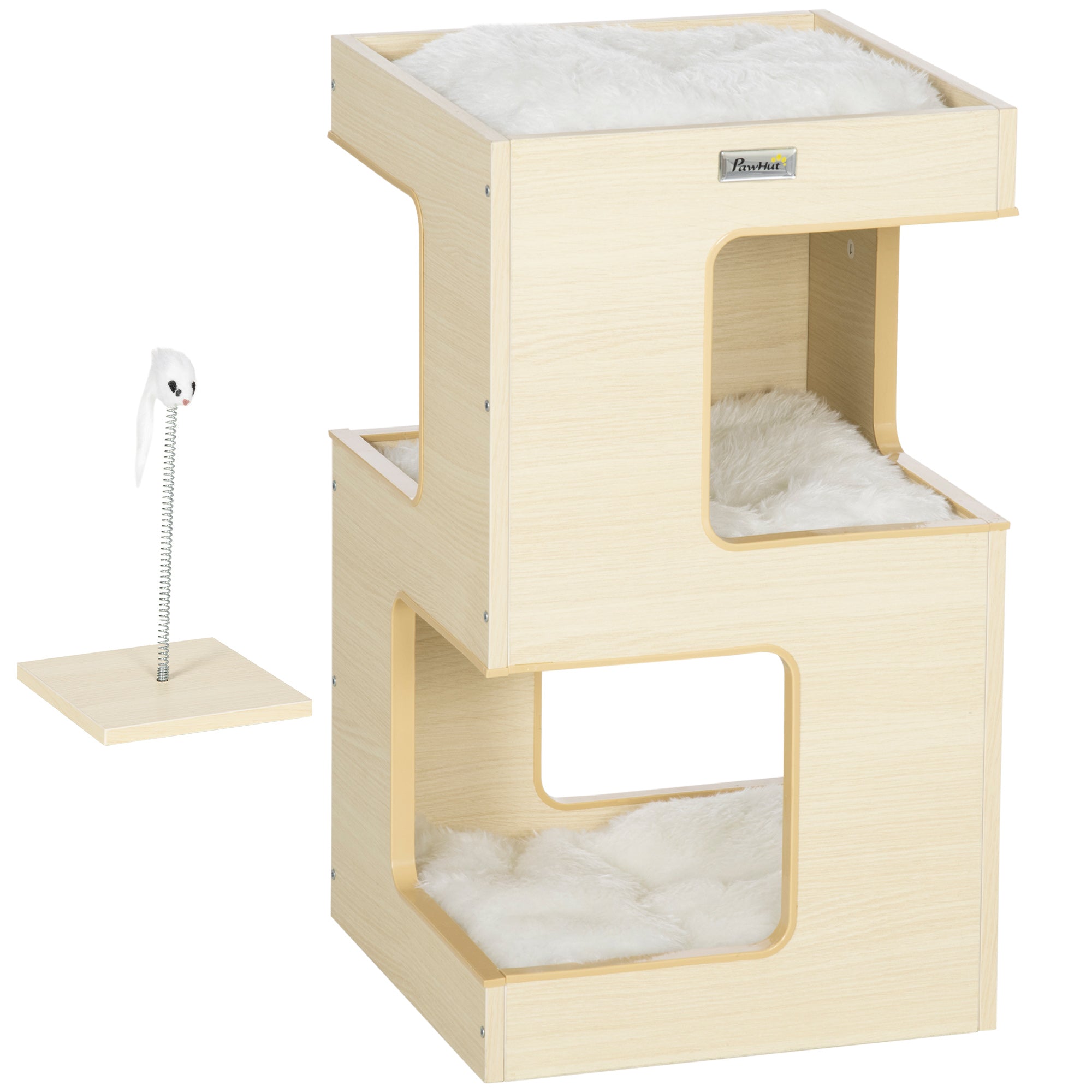 Detaljvy av den eleganta kattgrottan i tre plan som visar de mjuka urtagbara kuddarna och den roliga leksaksmusen på fjäder.