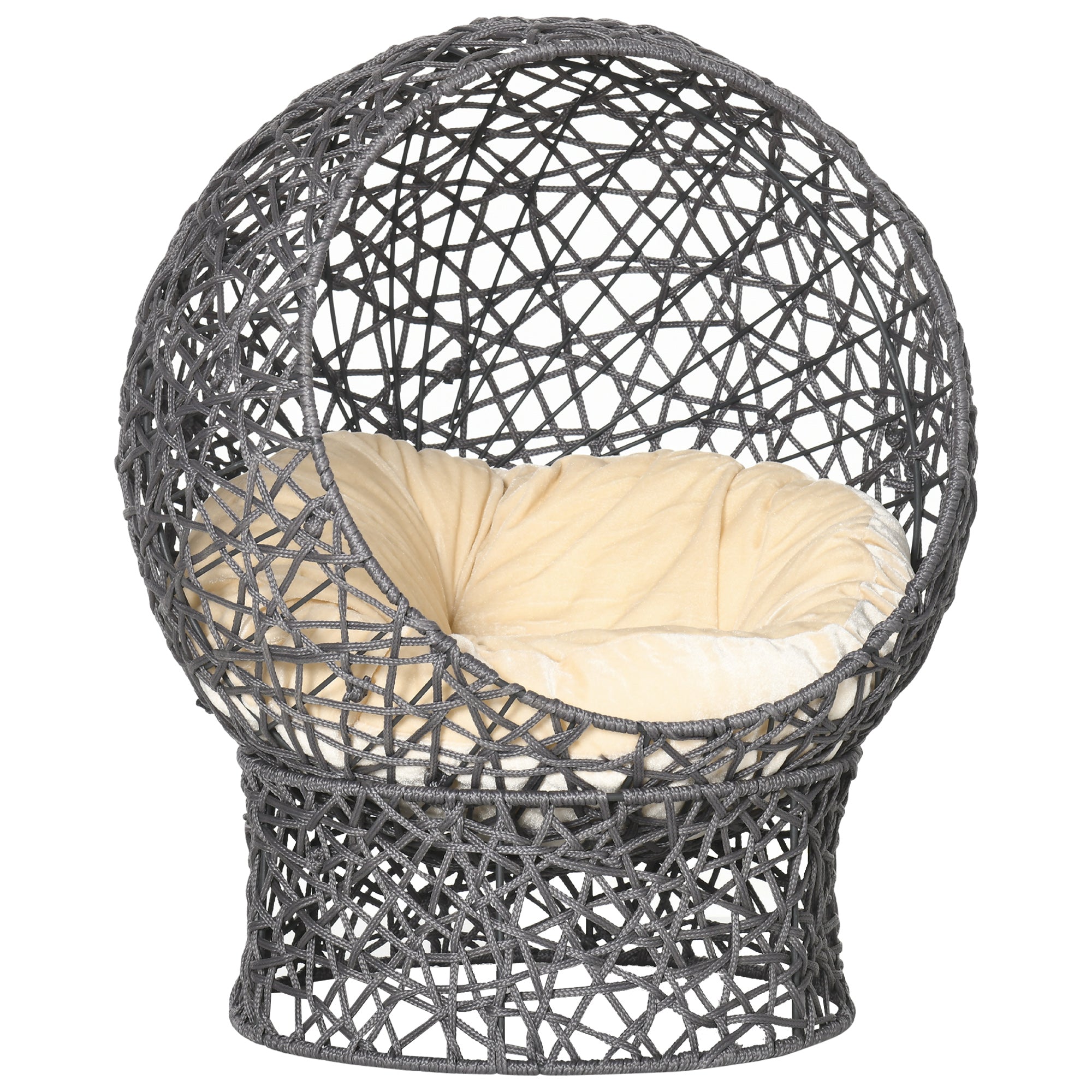 Närbild på den flätade kattgrottans robusta metallram och eleganta design som passar i moderna hem.