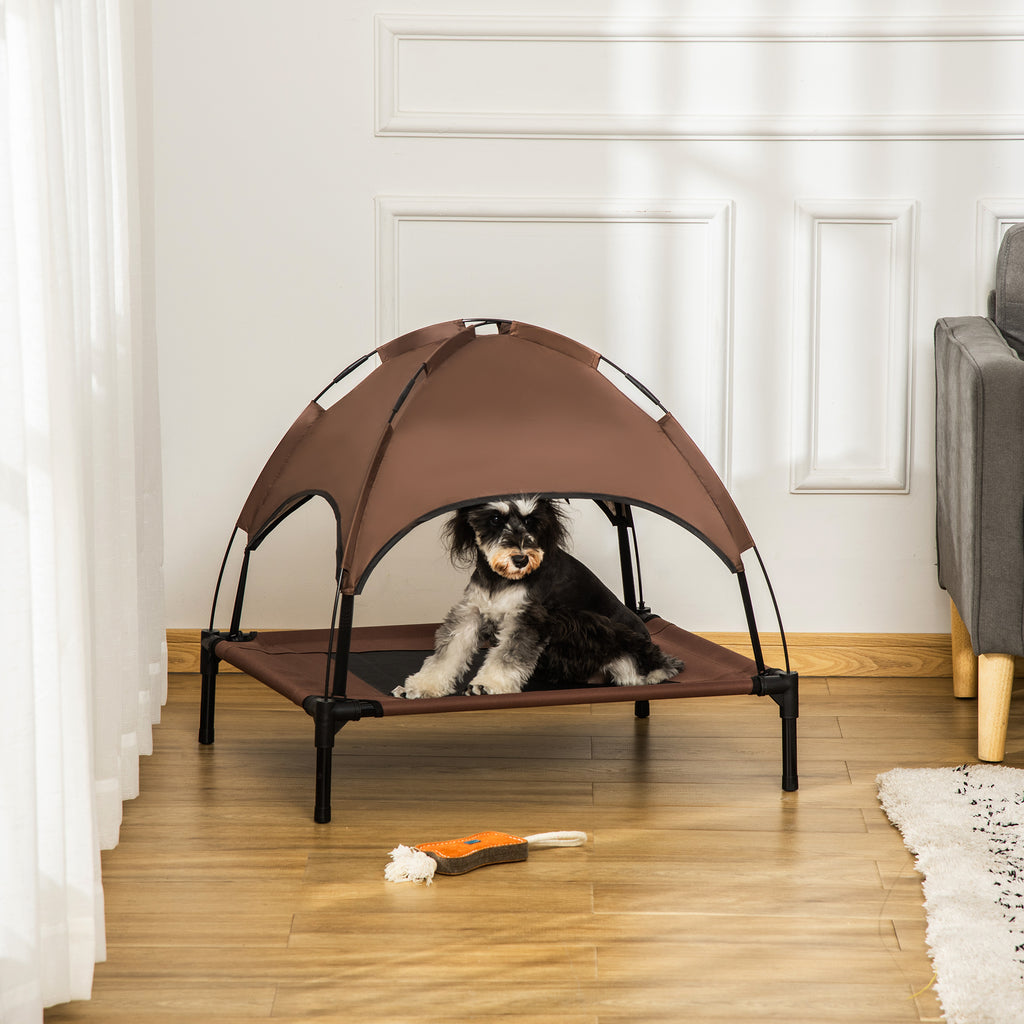 PawHut Upphöjd Hundbädd med Soltak – Kaffe/Svart – 76 x 61 cm