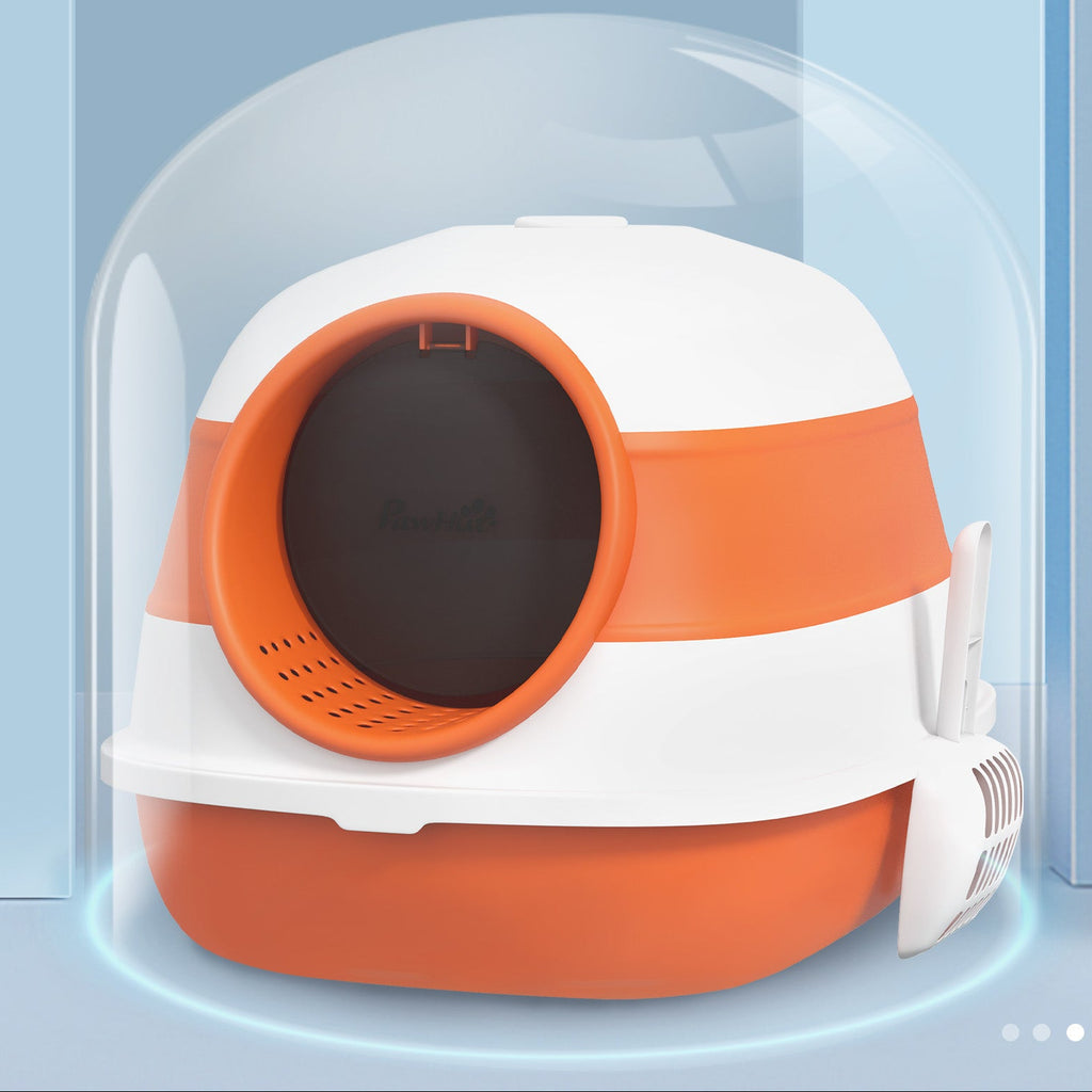 Sluten kattlåda med spade och galler – Vit/Orange, 52 cm