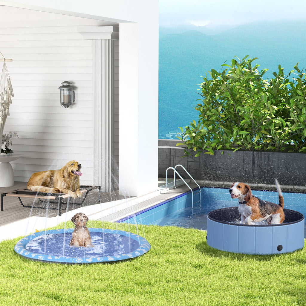 PawHut Hundpool med Vattenspridare – Uppblåsbar & Halkfri – Blå – Ø150 cm