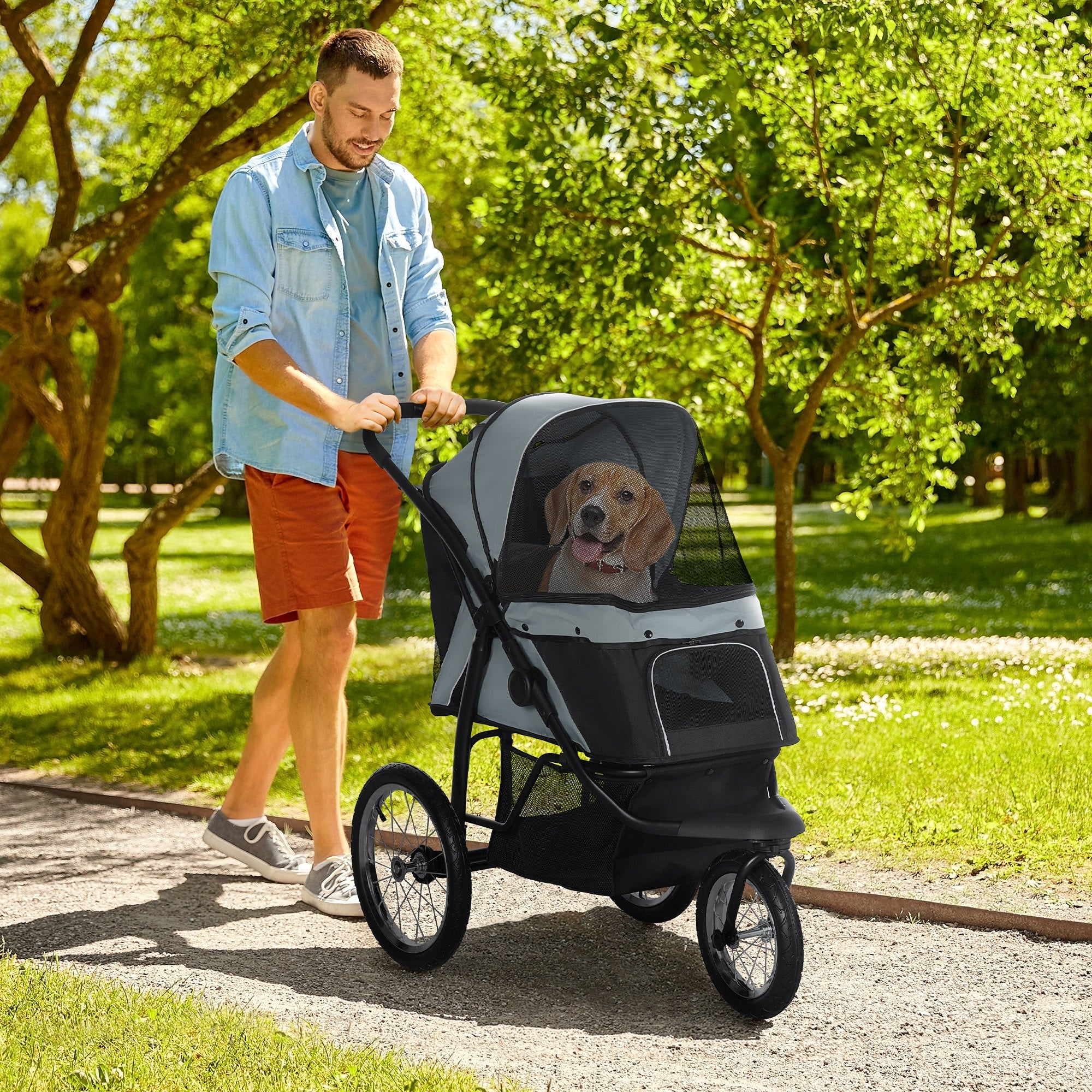 Trehjulig Hundvagn med Jogger-funktion – Grå/Svart, upp till 20 kg