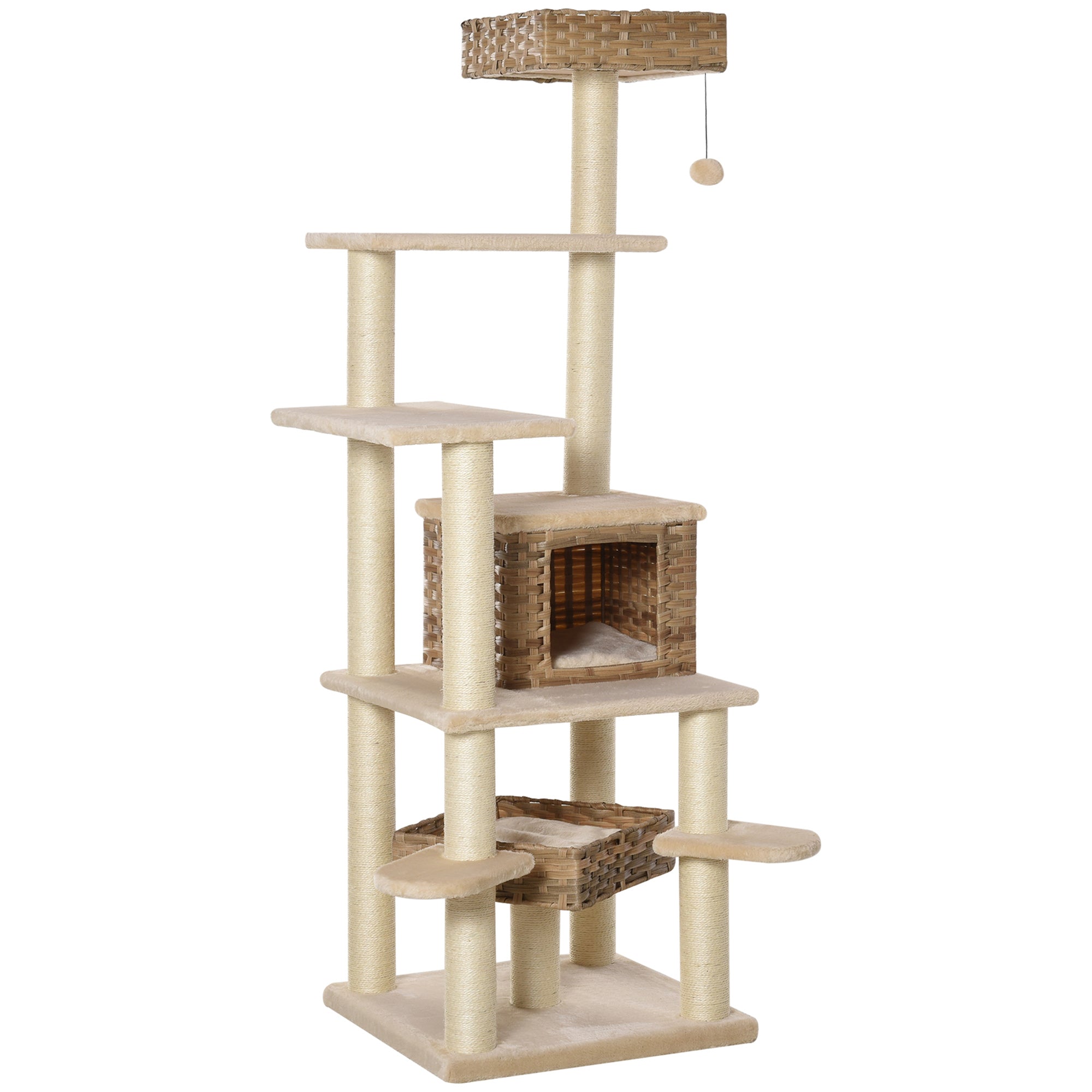 Klösträd i rottingstil med grottor och utsiktsplatser – Beige/Brun, 174 cm